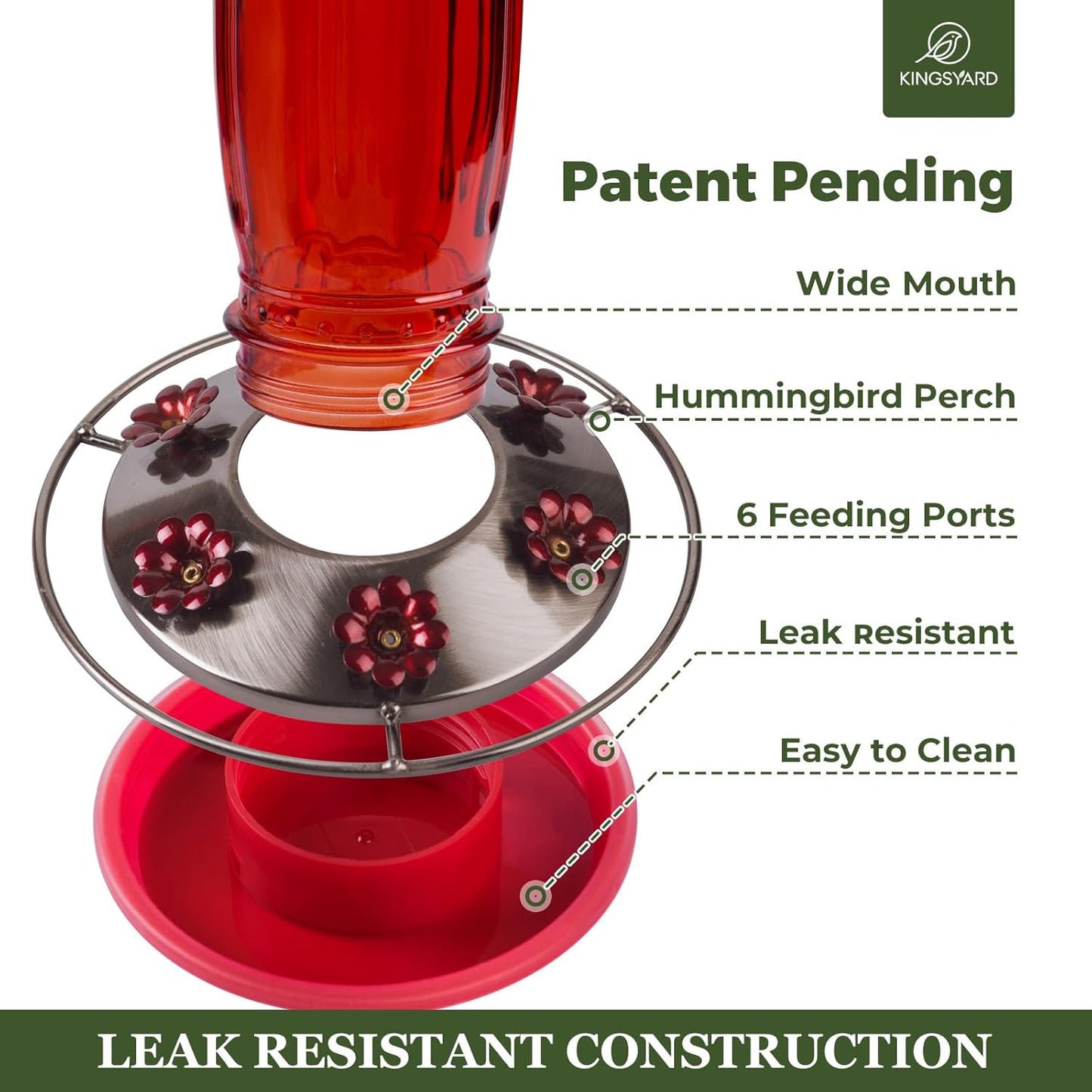 Kingsyard Glass Hummingbird Feeder for Outdoors Wild Bird Feeder with 6 Feeding Ports Hanging for Garden Yard, Red (Ant Moat Included)