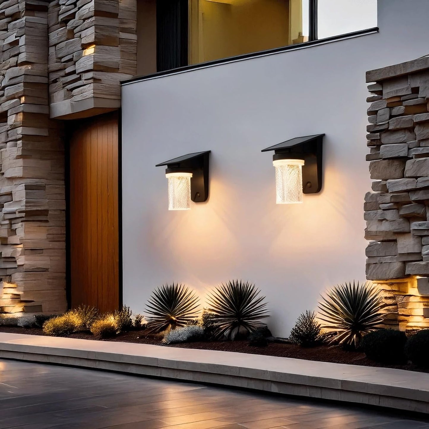 Solar Wall Lantern, Outdoor Wall Sconce, Exterior Wall Light, IP65 Black ABS PC with Textured Shade, Rechargeable 3 Color LED for Porch Garden Patio Balcony Villa Entryway Gate Cottage