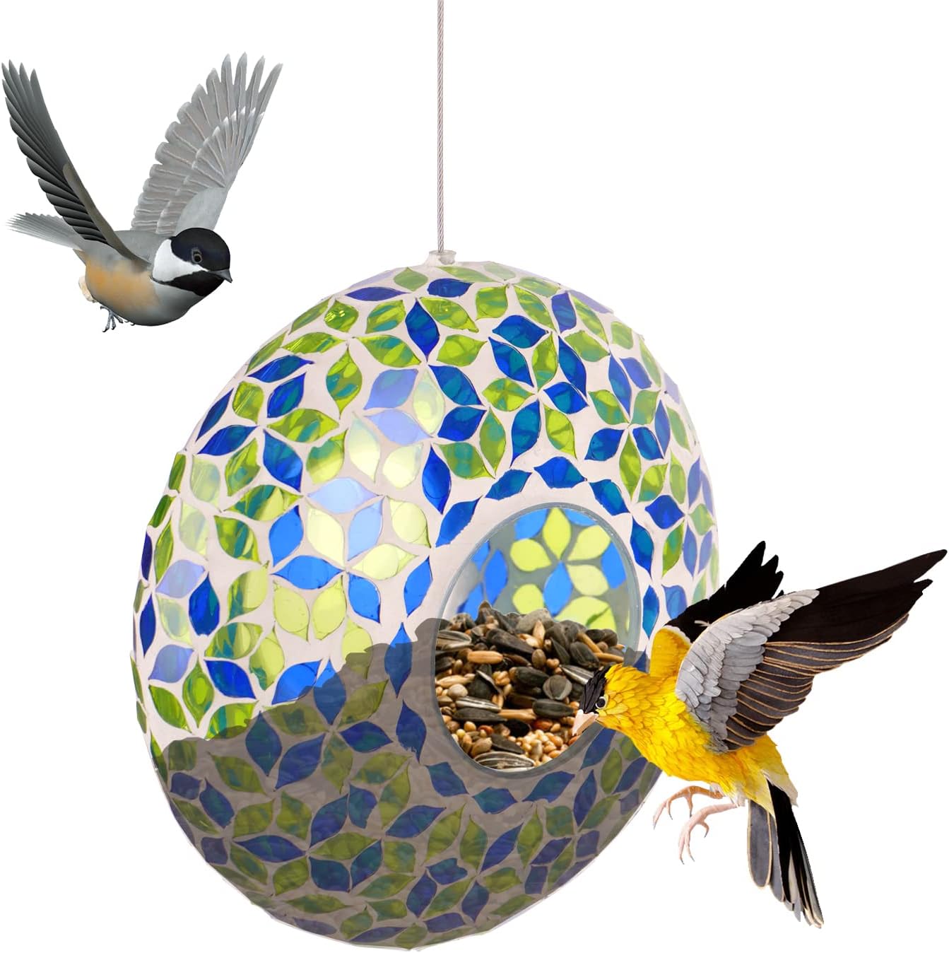 9-Inch Wild Bird Feeder Fly Through Garden Hanging Bird Feeder-Mosaic Round Shape Wild Birdfeeder for Outdoor Decoration, Blue and Green Flower