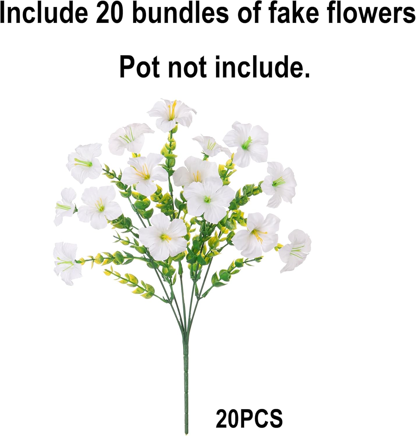Artificial Flowers for Outdoors Fake Plants Outside Decoration, 20 Bundles White Silk Petunia with Eucalyptus UV Resistant Realistic Faux Flowers for Outdoor Planters Garden Balcony Yard Porch Patio