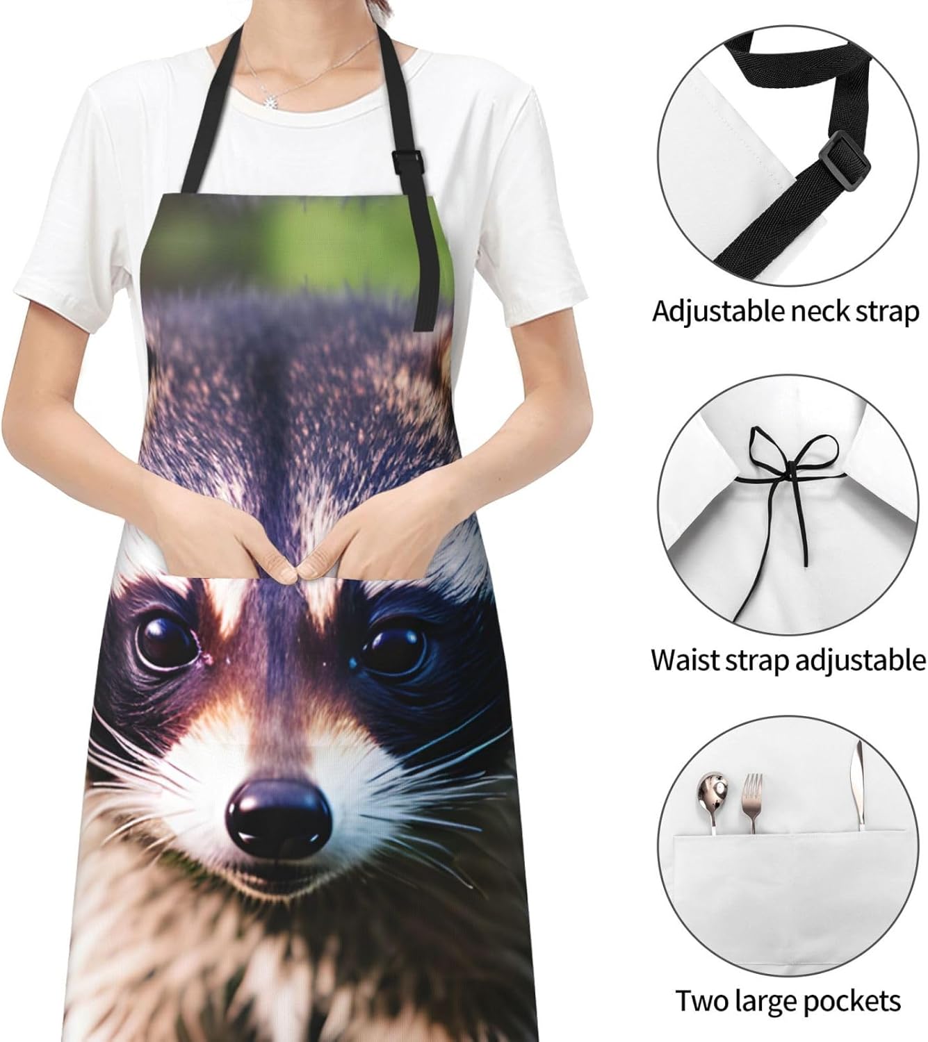 Little Raccoon Face 1 print Waterproof chef's apron with pocket apron for kitchen cooking baking barbecue and gardening