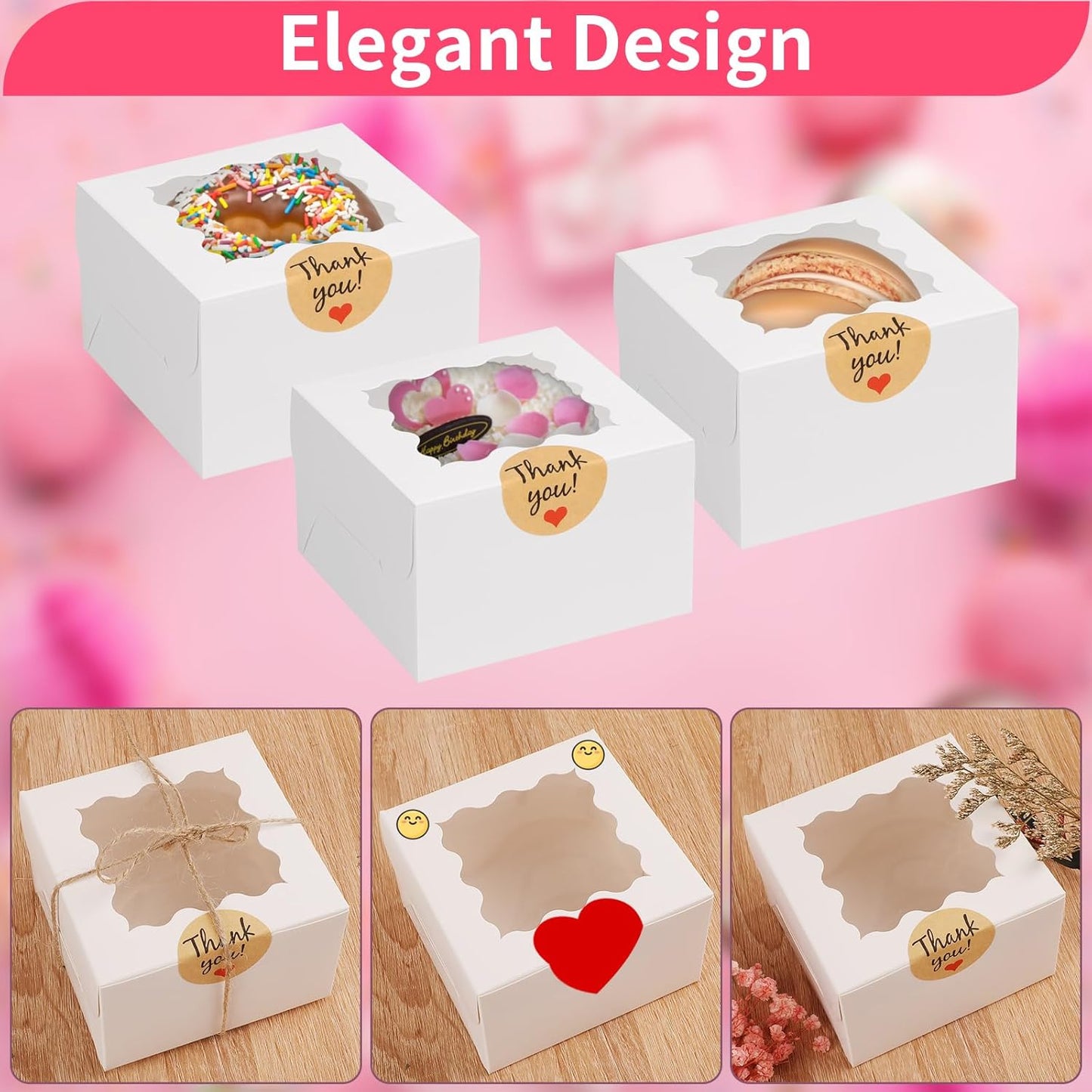 WINKIO 24pcs White Cookie Boxes, 4x4x2.5 Inches Bakery Boxes with Window, for Mini Cake Treat Dessert Pastry Donuts Macaroon Strawberries Chocolate Candy (with Stickers)