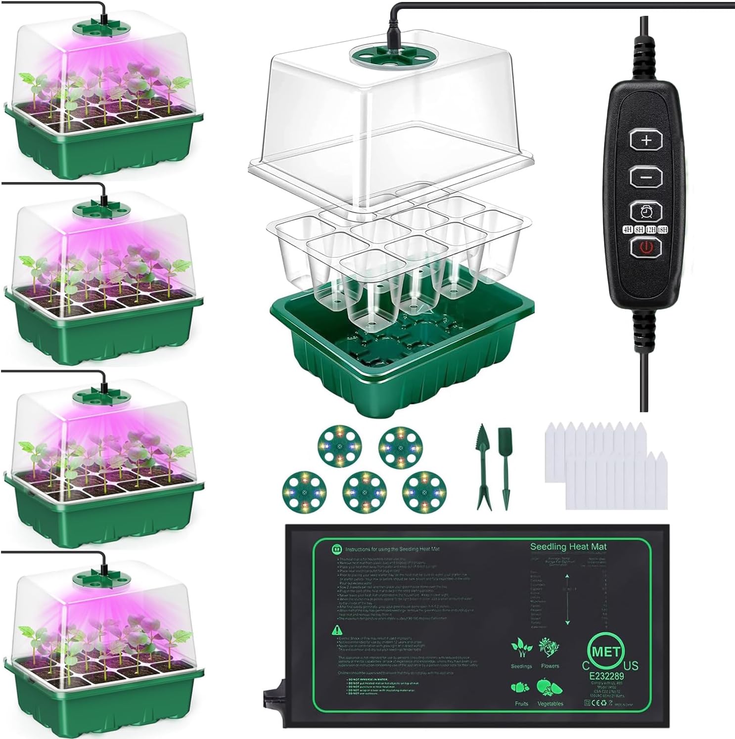 FINEST+ Seed Starter Tray with Heat Mat and Grow Light,5 Pack Seedling