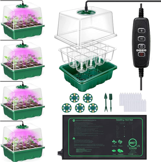 FINEST+ Seed Starter Tray with Heat Mat and Grow Light,5 Pack Seedling