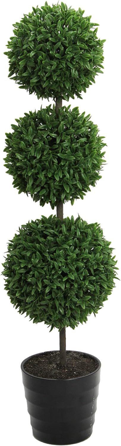 Admired by Nature 24 Inch Artificial Boxwood Topiary Plants - 3 Ball-Shape Faux Topiaries with Planters for Home Decor, Office Desk, Front Porch Indoor and Outdoor - Green with Black Pot, 1 Pack