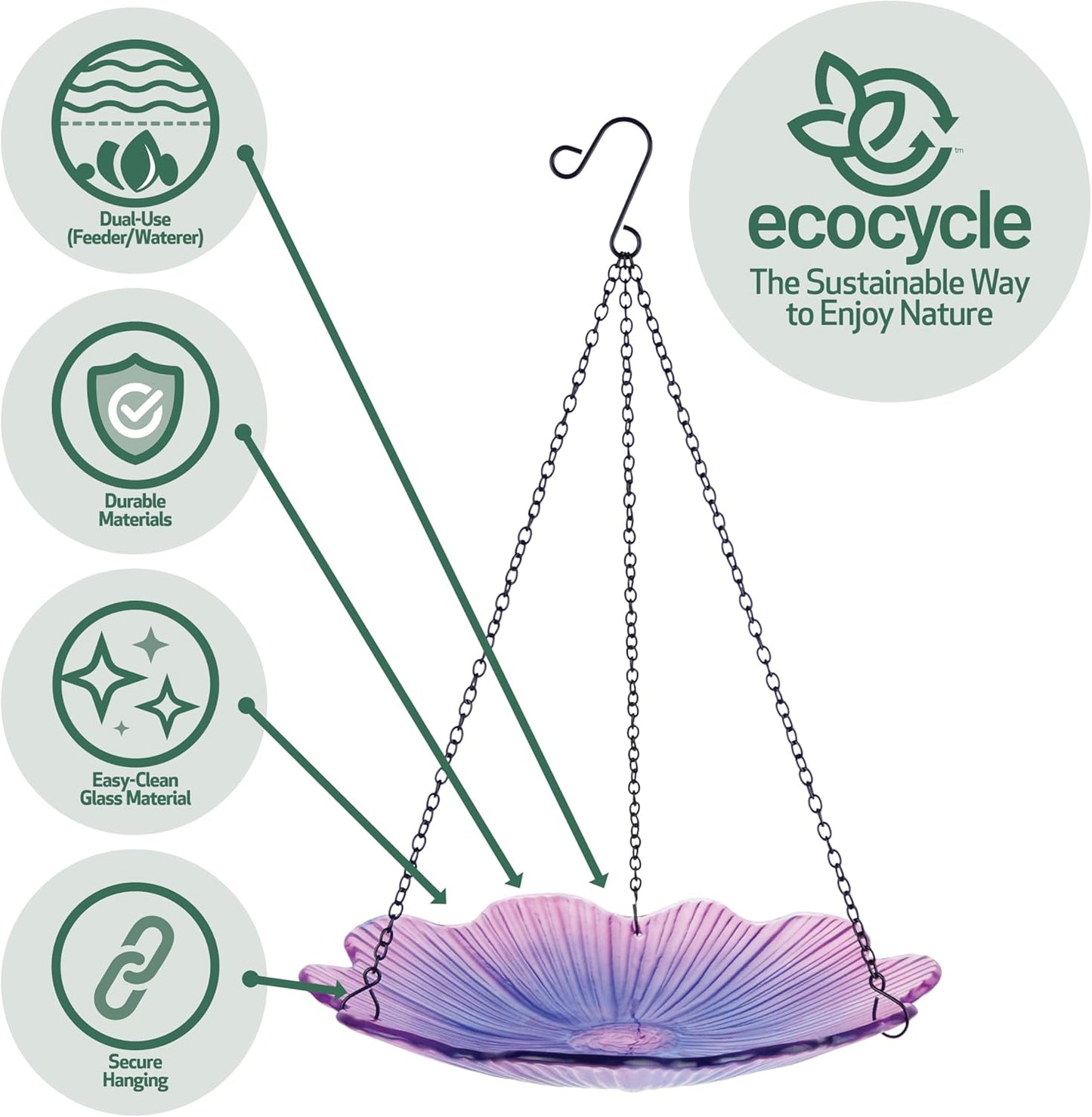 11" Recycled Glass Hanging Combination Bird Feeder and Bath for Wild Birds and Outdoor Décor, 0.625 Quart Capacity, Violet Begonia Floral Design, Hanging Chains Included