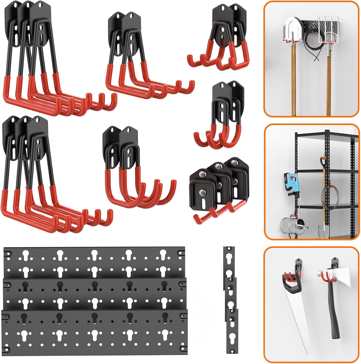 TORACK 24 PCS Garage Storage Hooks with Tracks, Wall Mount Tool Organizer for Garden Tools, Ladders, Cords, Folding Chairs, Shovels and Rakes, Shelving Hooks for Keyhole Style Shelving Units