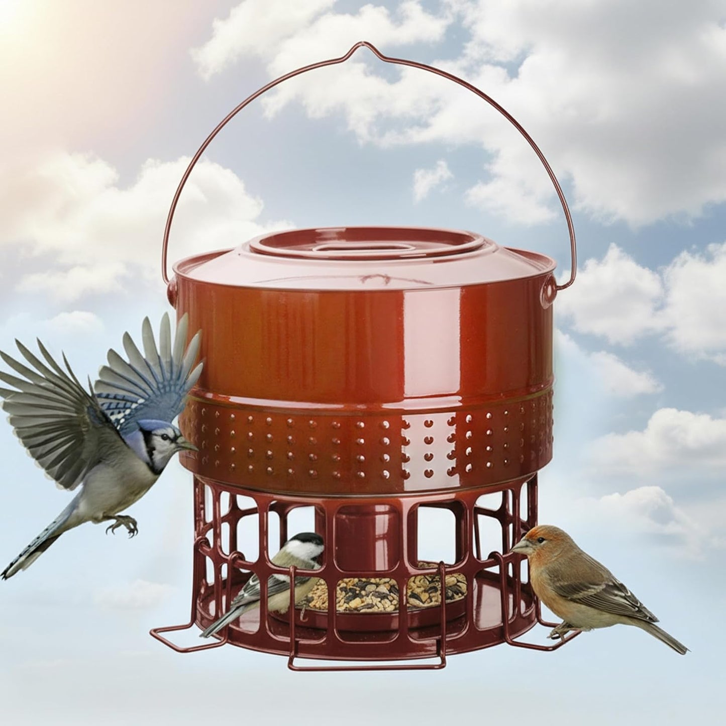 Solution4Patio Bird Feeder, 8LB Powder Coated Metal Wild Birdfeeder with 32 Feeding Stations & Triple Perches, Rust-Proof Hanging Design for Cardinals, Finches and Outdoor Garden Use (Glazed Red)