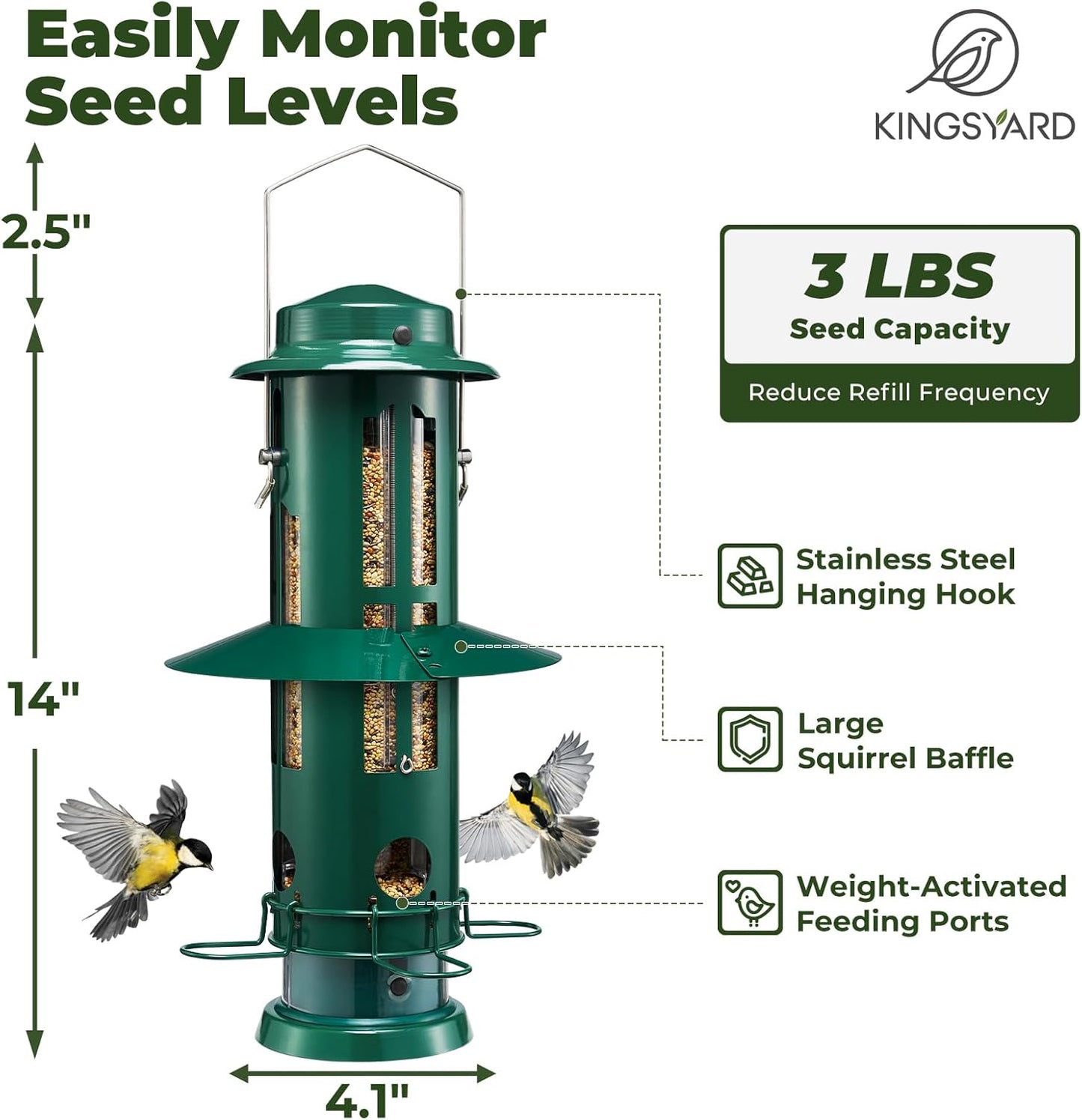 Kingsyard Squirrel Proof Bird Feeders with Weight-Activated Perches, Metal Wild Bird Feeder for Outdoors Hanging, 3 lb Large Seed Capacity, Green