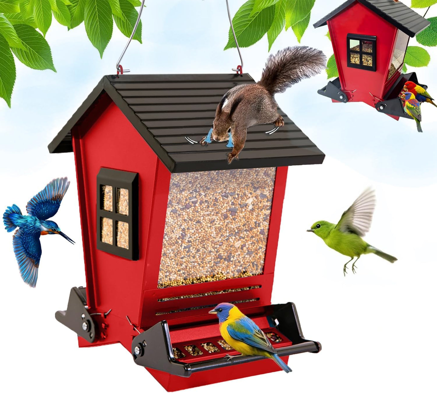 LSCQYYCCSquirrel Proof Bird Feeders for Outdoors Hanging, 5LB Capacity Metal Wild Birdfeeders Outside Hanging,Large Feeder That Attracts Cardinals, Chickadees, and More Birds-One in red