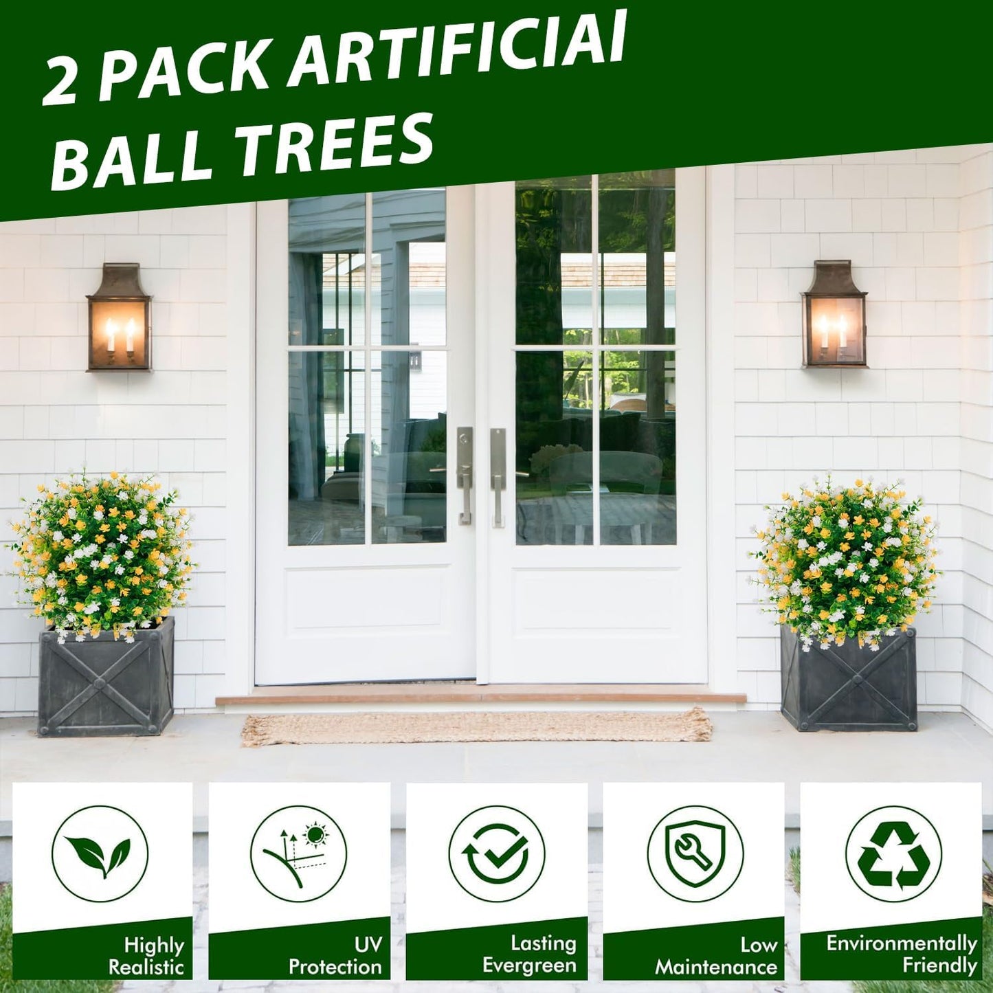 2 Pack Artificial Boxwood Topiary Ball Tree with Spike,15.75" Outdoor UV Resistant Fake Plants Shrubs Bushes,Faux Flower Evergreen for Pot Fillers Planter Porch Yard Outside Spring Decoration