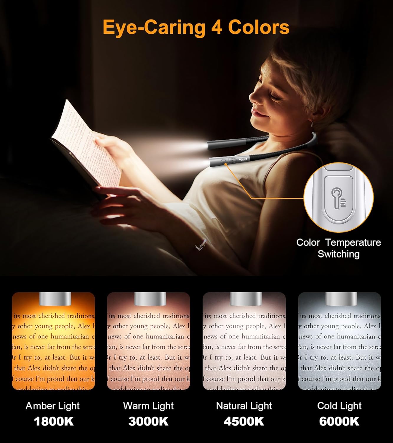 Gritin Book Light, Eye Caring 4-Color & 5-Brightness Neck Light Readin
