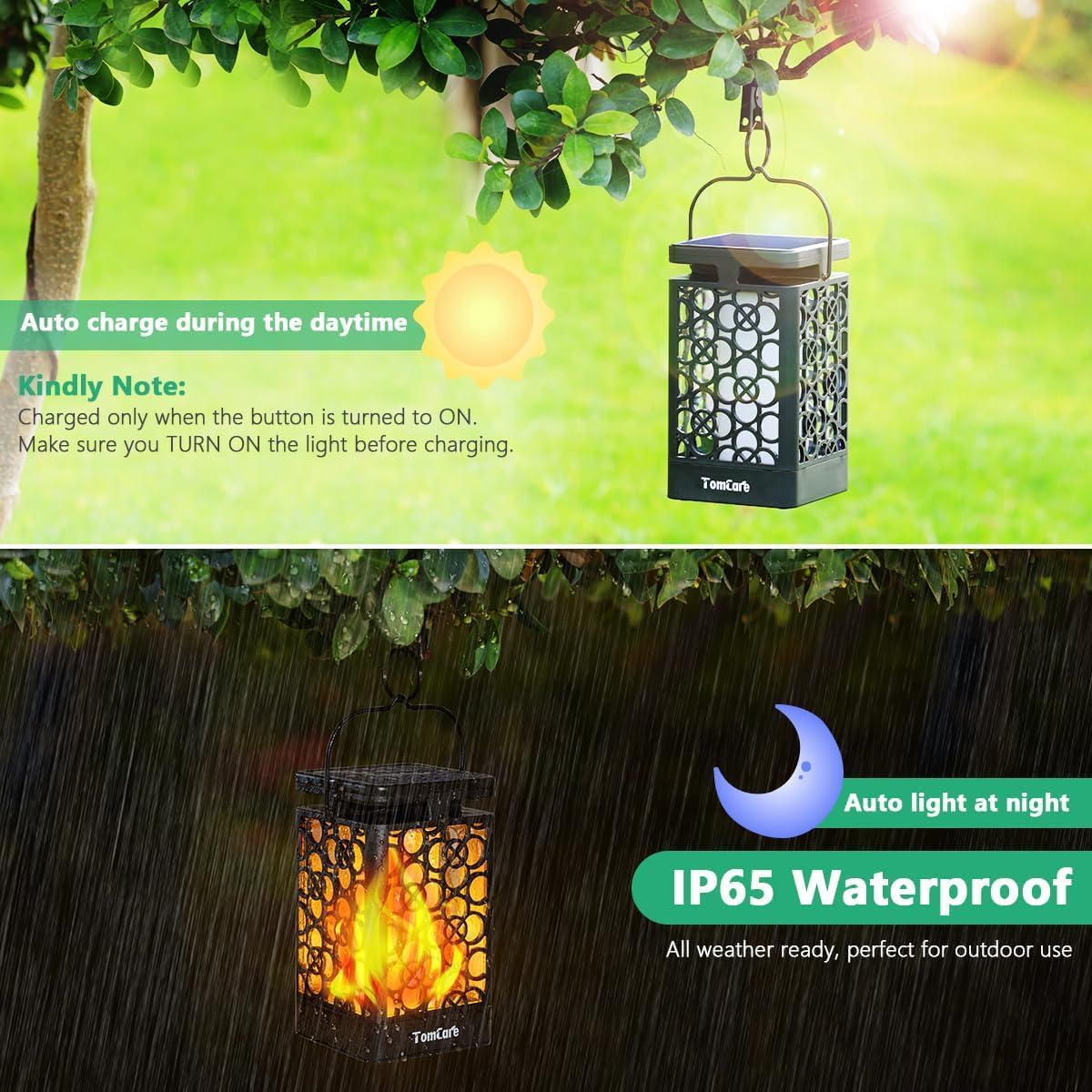 TomCare Solar Lanterns Outdoor Upgraded Flickering Flame Waterproof Ha