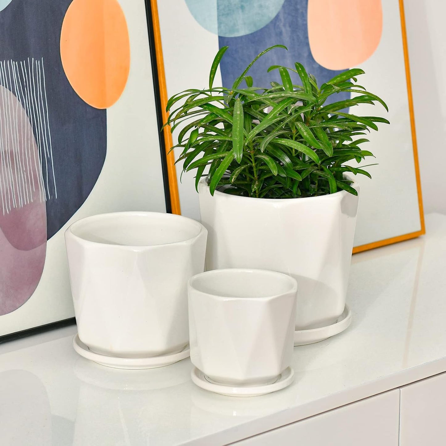 Octagon Ceramic Plant Pots - Indoor White Flower Planter Set with Drai