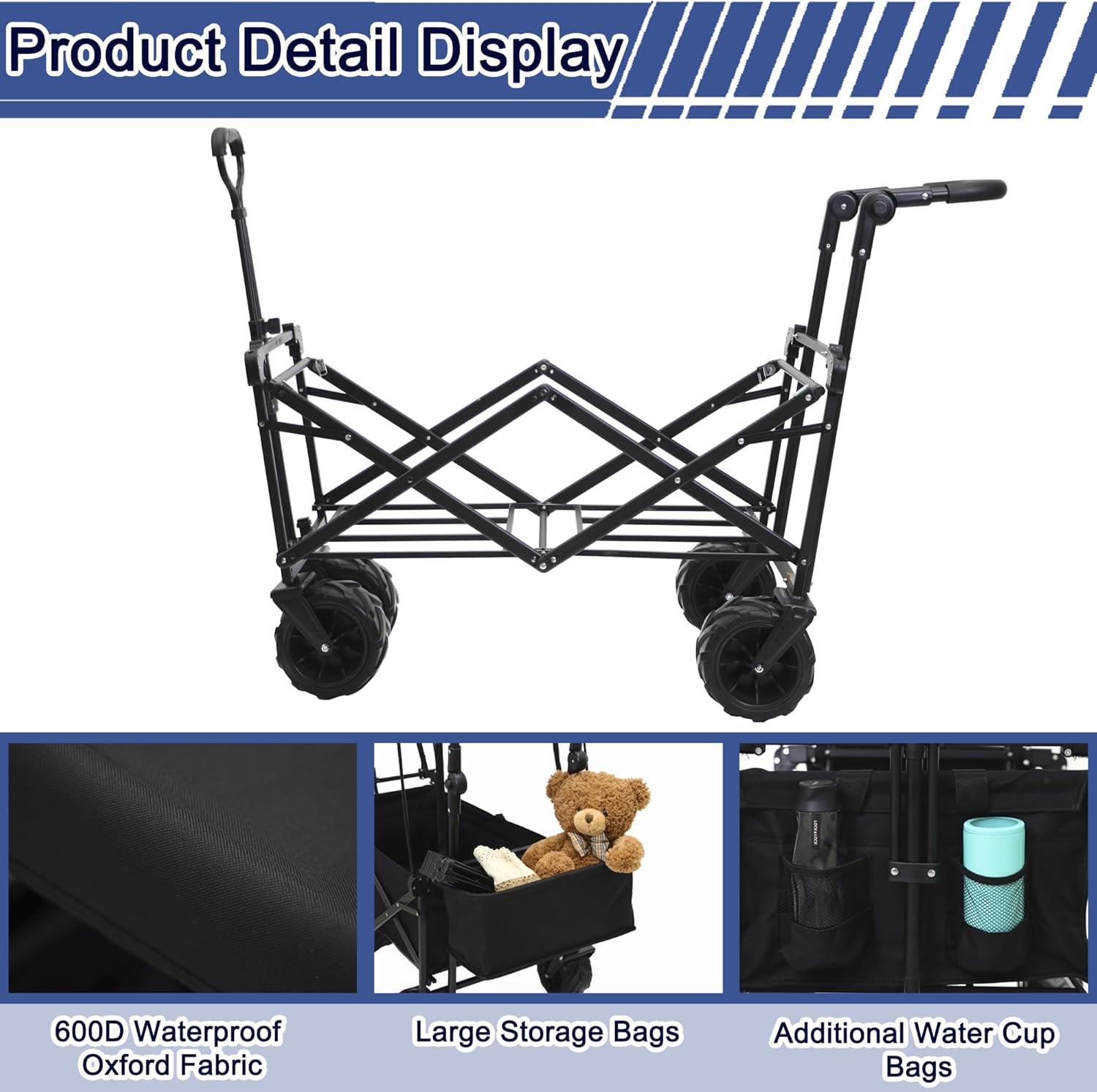 Collapsible Wagon Cart with Canopy, Heavy Duty Folding Tools Utility C