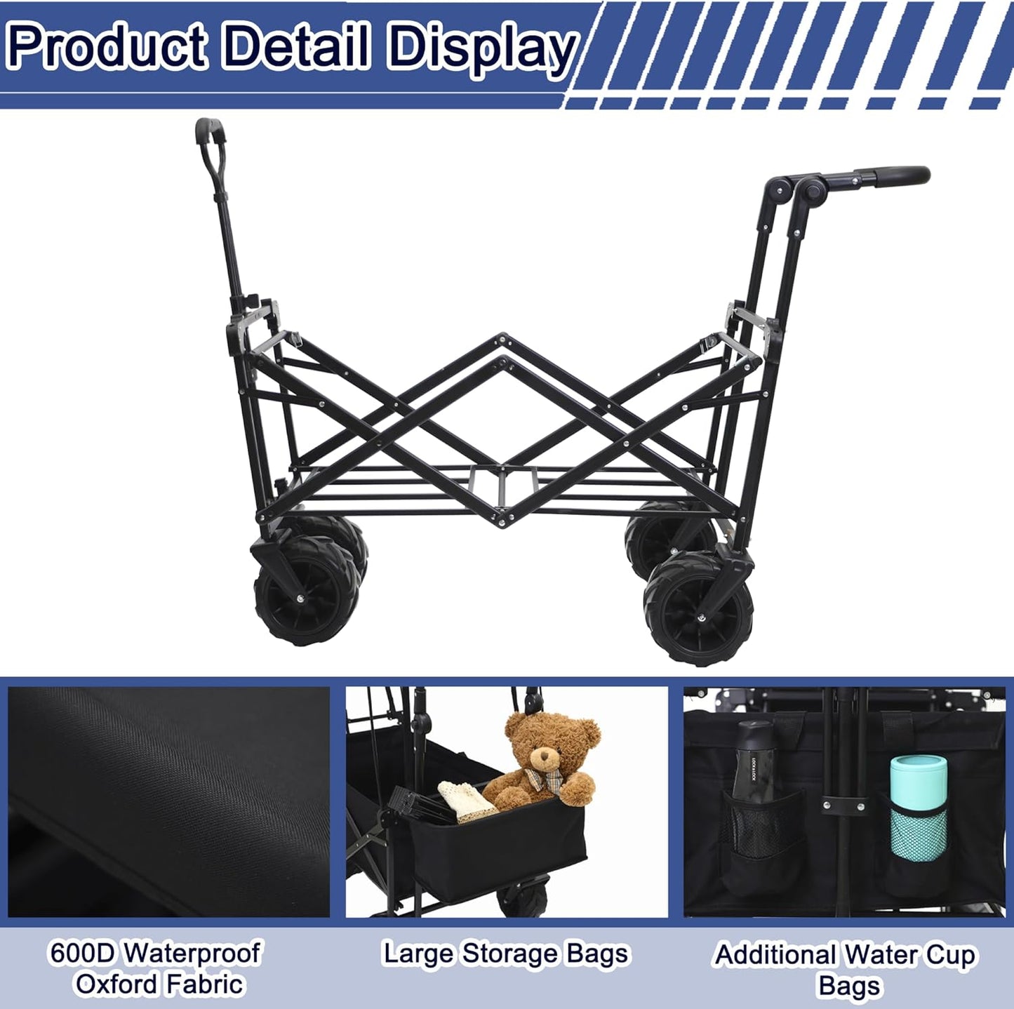 Collapsible Wagon Cart with Canopy, Heavy Duty Folding Tools Utility Cart with Wheels for Outdoor Camping, Black