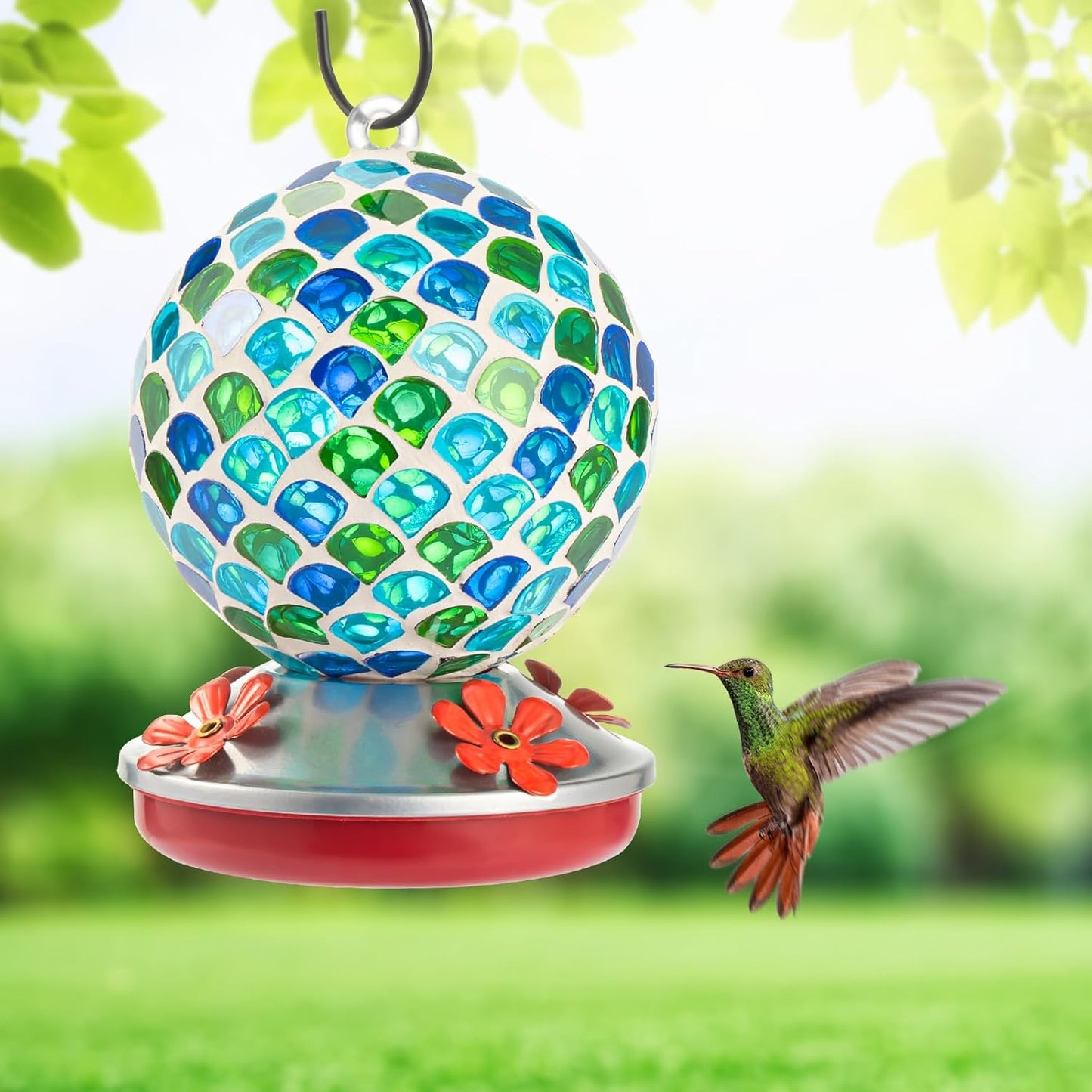 Backyard Expressions Glass Hummingbird Feeder - Blue/Green - Hummingbird Feeders for Outdoors Hanging, Hand Blown Glass Hummingbird Feeder