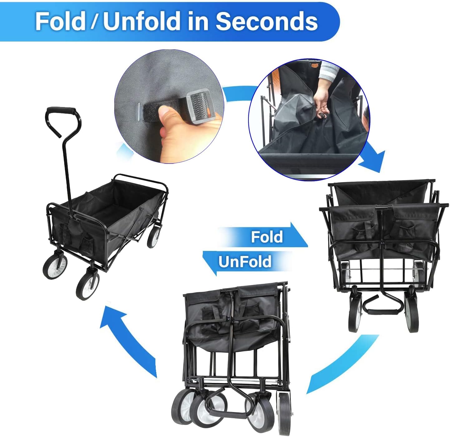 Folding Wagon Cart Collapsible Outdoor Utility Wagon with All Terrain Wheels Beach Wagon,Shopping Cart Camping Wagon Heavy Duty Steel for Beach Camping Shopping Sports Portable (Blue4) (Black2)