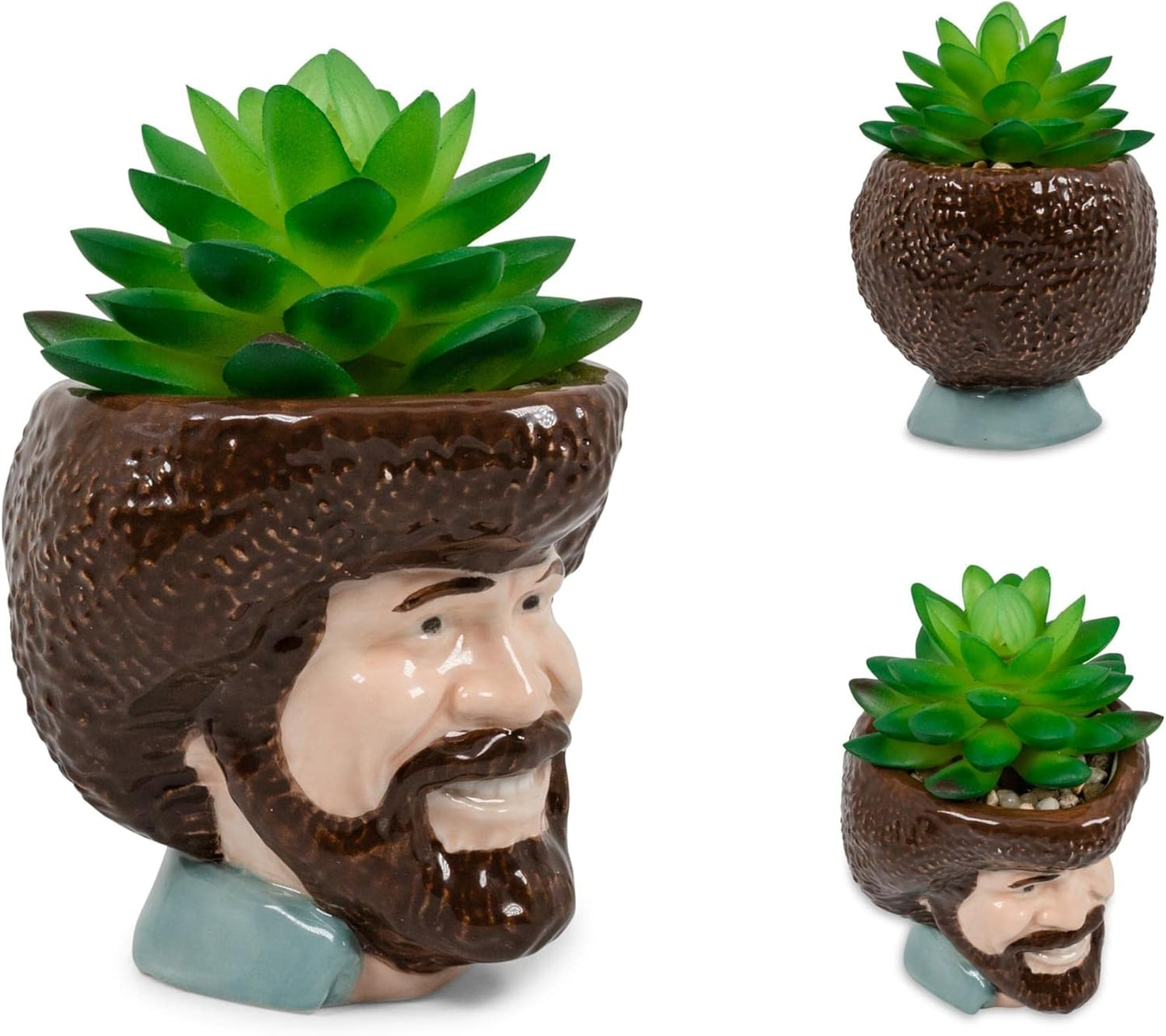 Toynk Bob Ross Mini Ceramic Planter with Artificial Succulent | Small Flower Pot, Faux Indoor Plants for Desk Shelf, Decorative Tray Trinket Dish | Home Decor Gifts and Collectibles