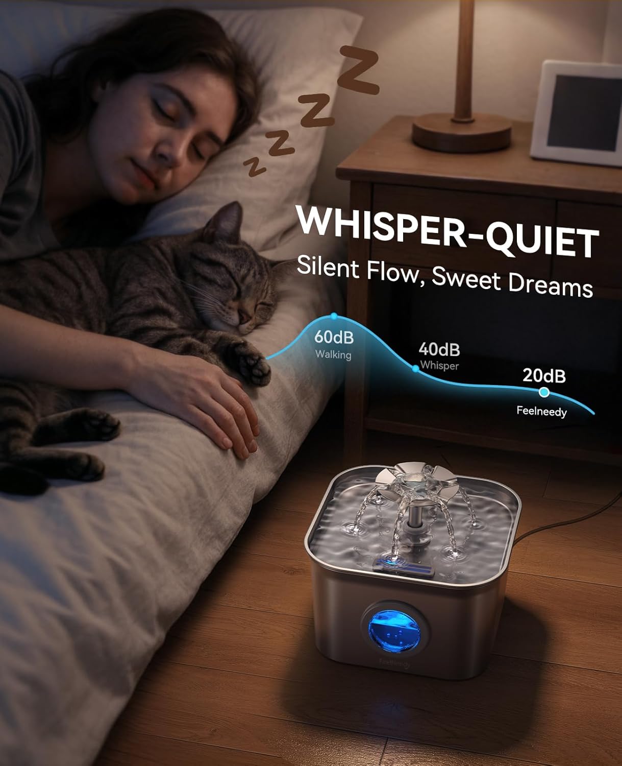 Stainless Steel Cat Water Fountain, 2.8L with 20dB Ultra-Quiet Pump- I