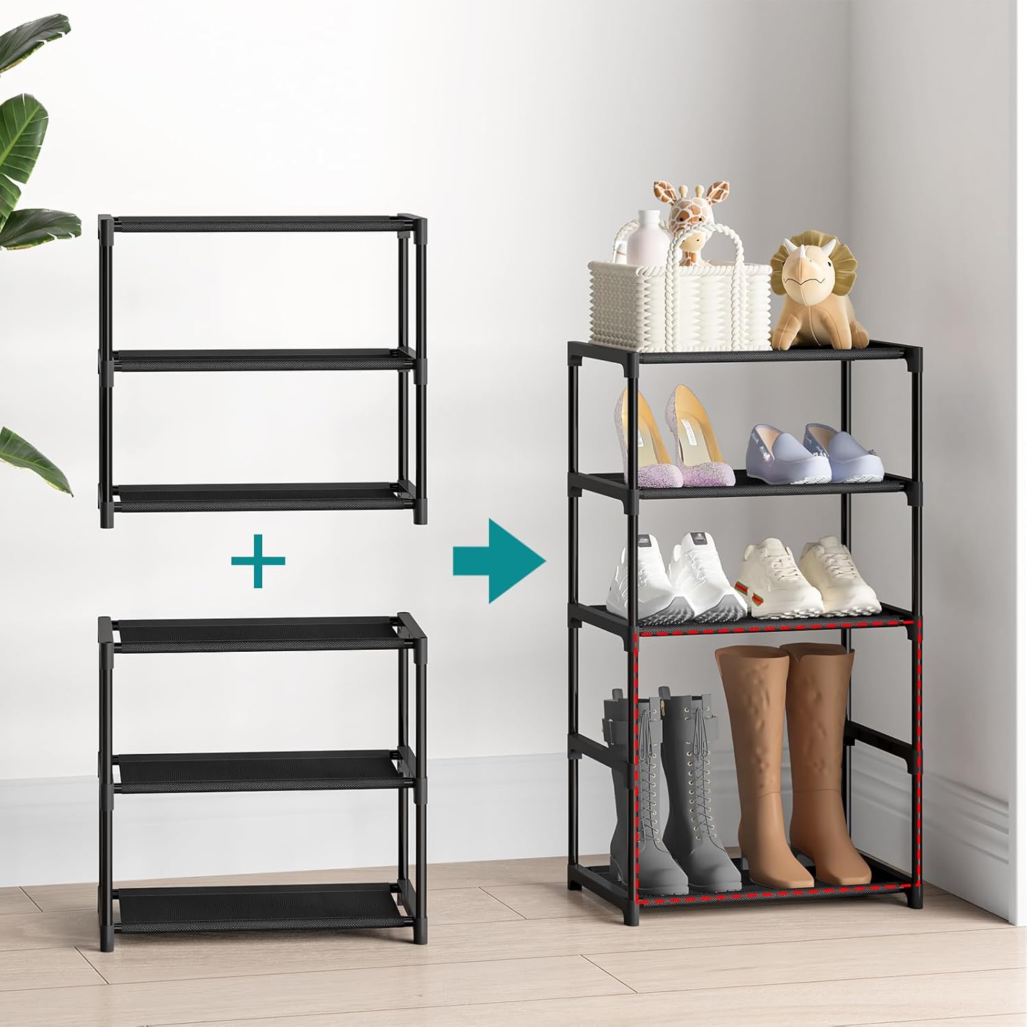 3 Tier Extra Small Shoe Rack (16.3" Wide), Narrow Stackable Shoe Shelf