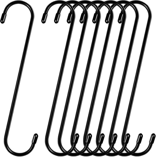 8 Pack 10 inch Black S Hooks Long Large S-Shaped Hooks for Hanging Plants, Flower Baskets, Stocking Holder, Outdoor Garland Hanger, Heavy Duty Metal Hooks for Pergola,Closet, Garden,Patio