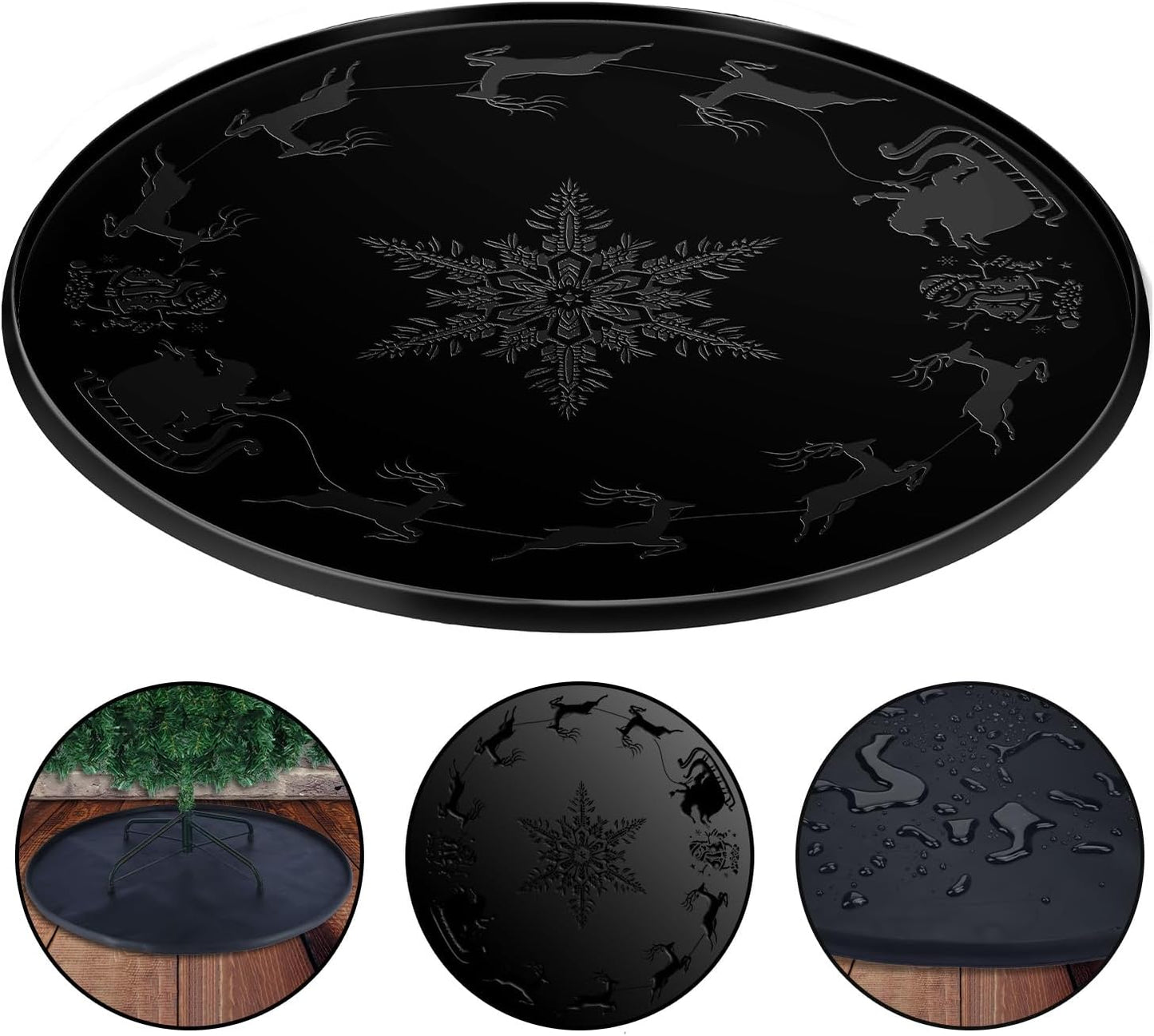 LURKA 31 Inch Christmas Tree Stands Mat with Embossed Christmas Design, Heavy Duty Christmas Tree Floor Protector, Waterproof Under Tree Pad for Christmas Tree Stand, Christmas Tree Floor Mat （Black）
