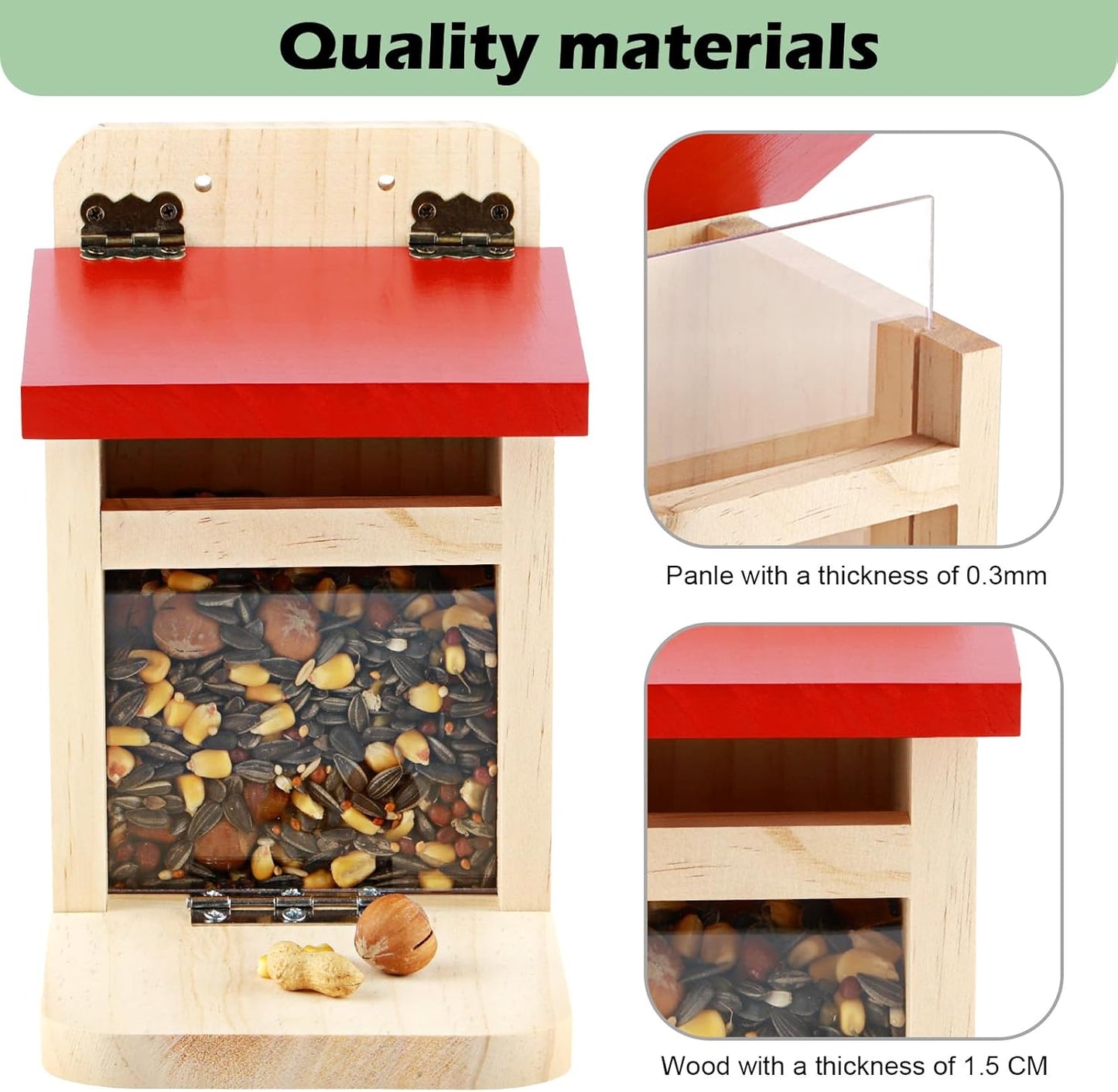 MIXXIDEA Squirrel Feeders for Outside Garden, Wooden Squirrel Feeder Box,Squirrel Feeding Stations with Green Cover, Easy to FillSquirrel Feeding House(Red-1pk)