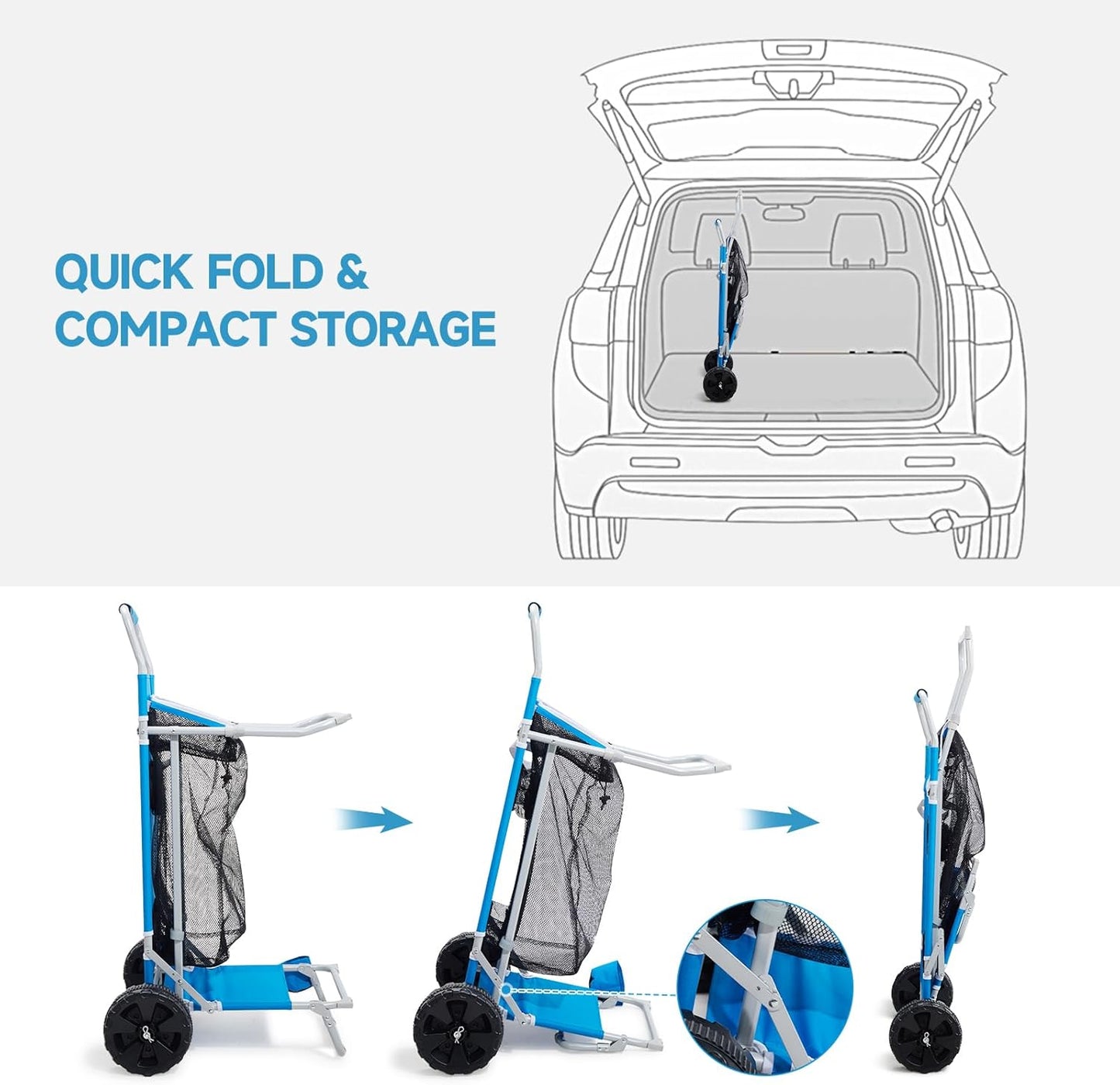 2-in-1 Beach Cart with Big Wheels for Sand, Folding Utility Wagon with Chair Holder, Cooler Bag, Mesh Storage, 4 Cup Holders, Umbrella Rack, Supports 100 lbs, Ideal for Beach Camping Shopping