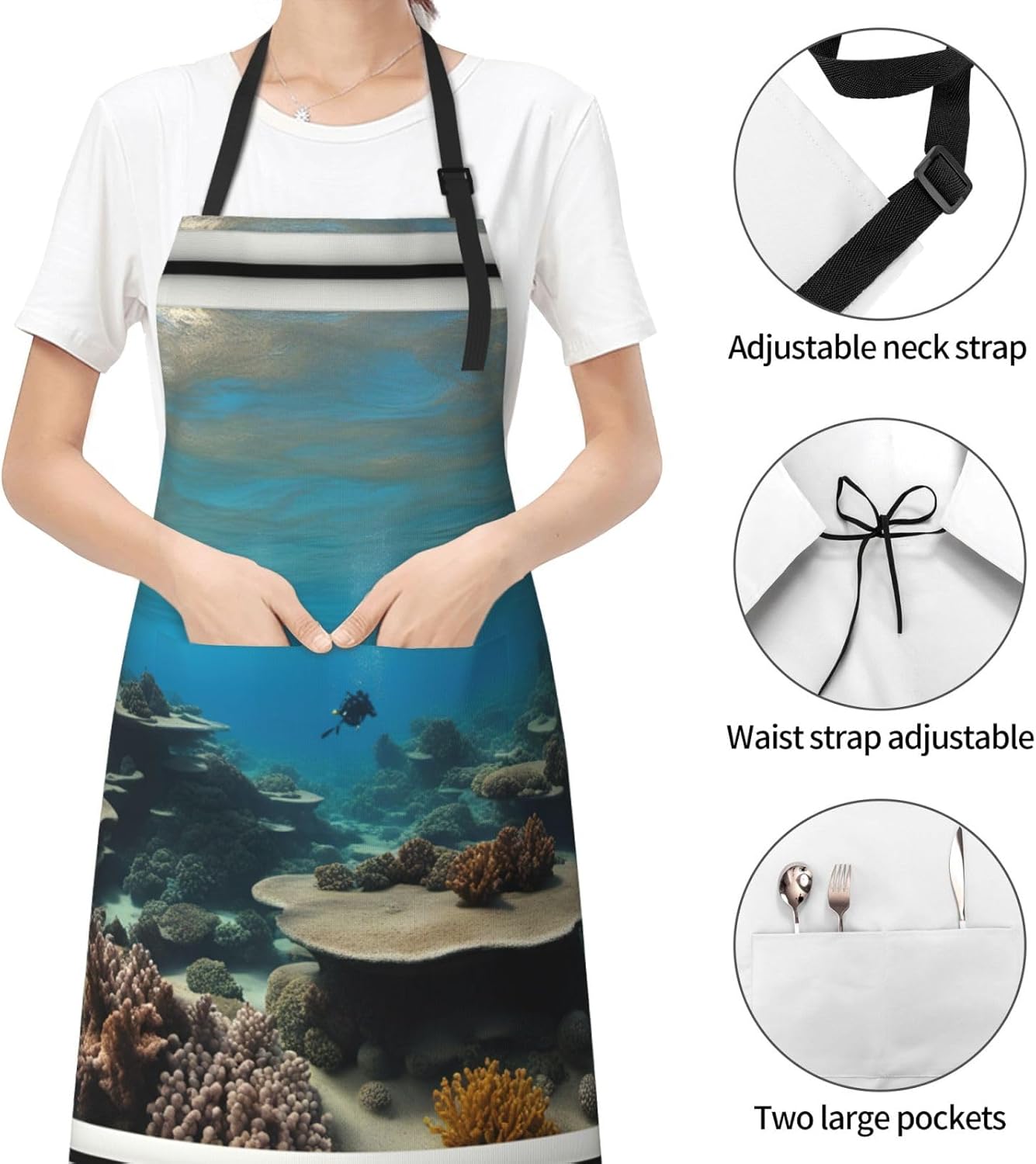 Underwater Ocean View print Waterproof apron with pocket adjustable cooking apron for adult kitchen bibs to bake