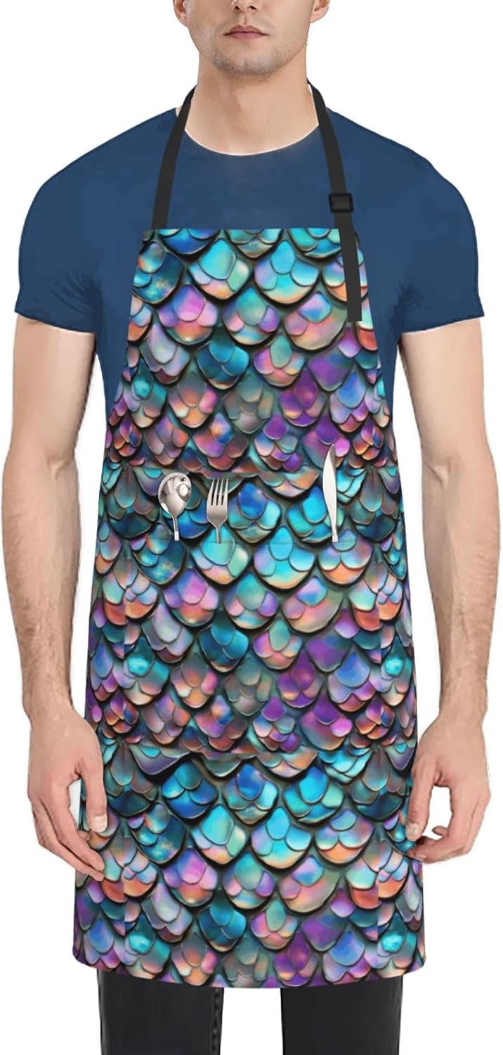 YANYU Mermaid Scale Print 28x33 In Kitchen Apron Stylish Chef Apron wi