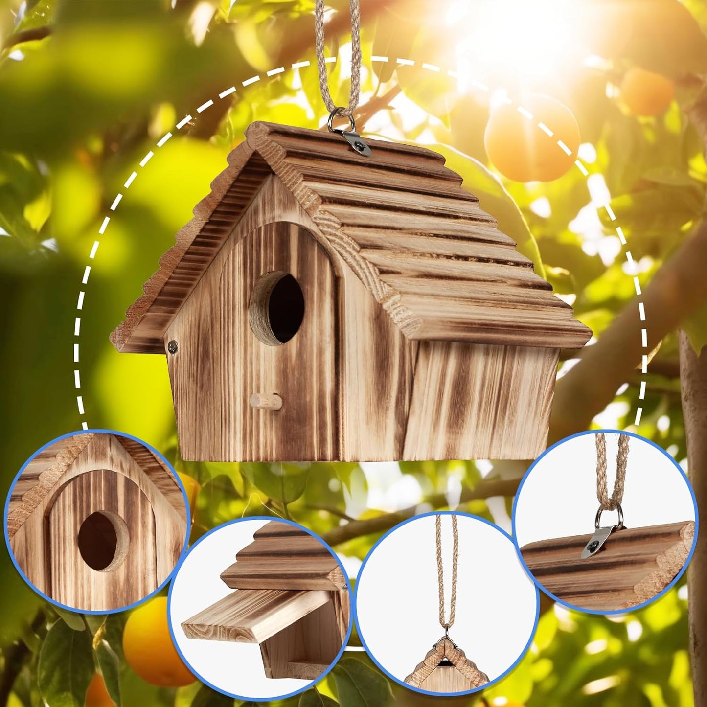 Bird House for Outside - Hanging Outdoor Birdhouse - Natural Wood Bird Nesting Box for Bluebirds, Hummingbirds, Finches, Wrens, Cardinals - Easy to Clean & Durable Garden Bird Shelter
