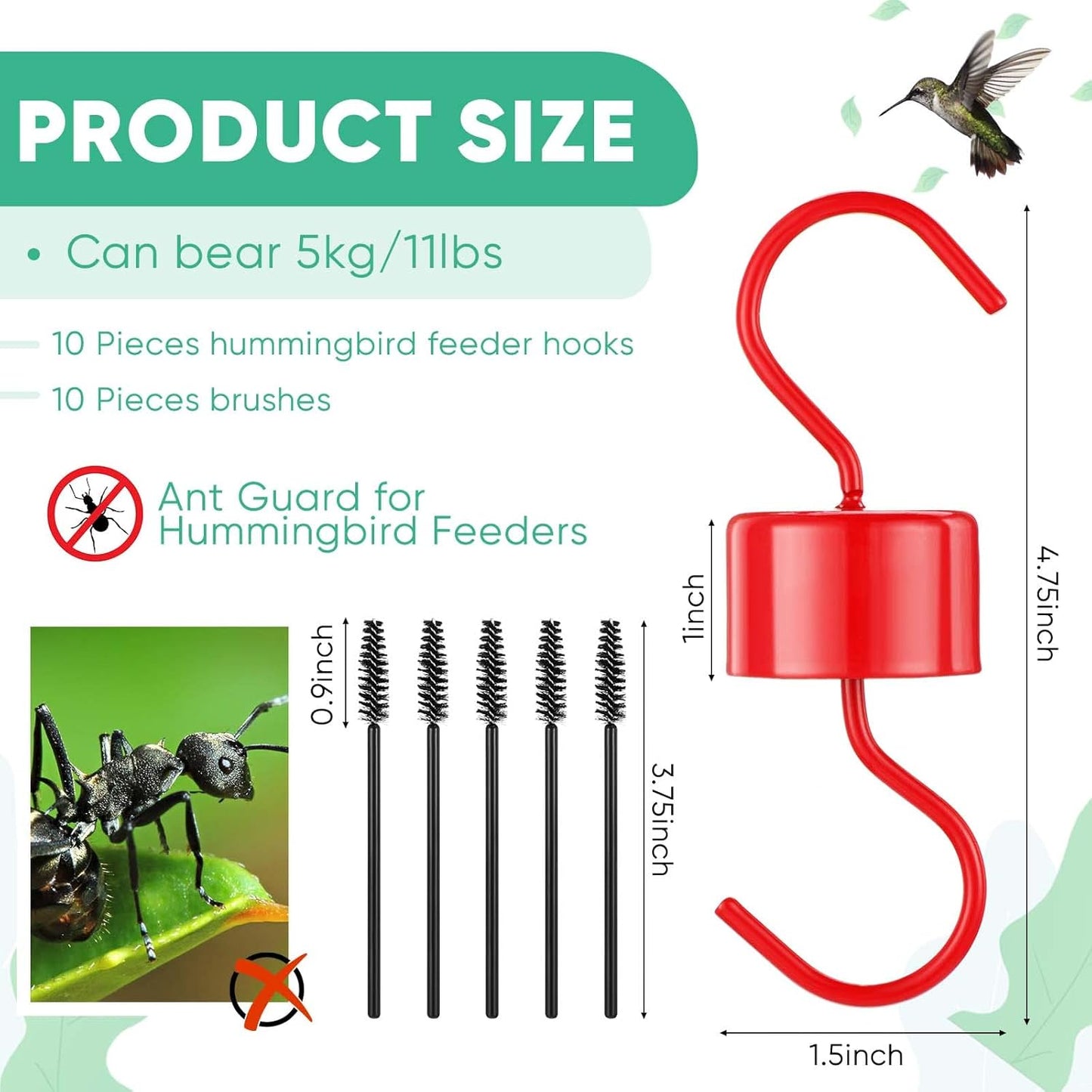 10 Pack Ant Moat for Hummingbird Feeders and Oriole Feeders Accessory Hooks with 10 Hummingbird Feeder Brushes