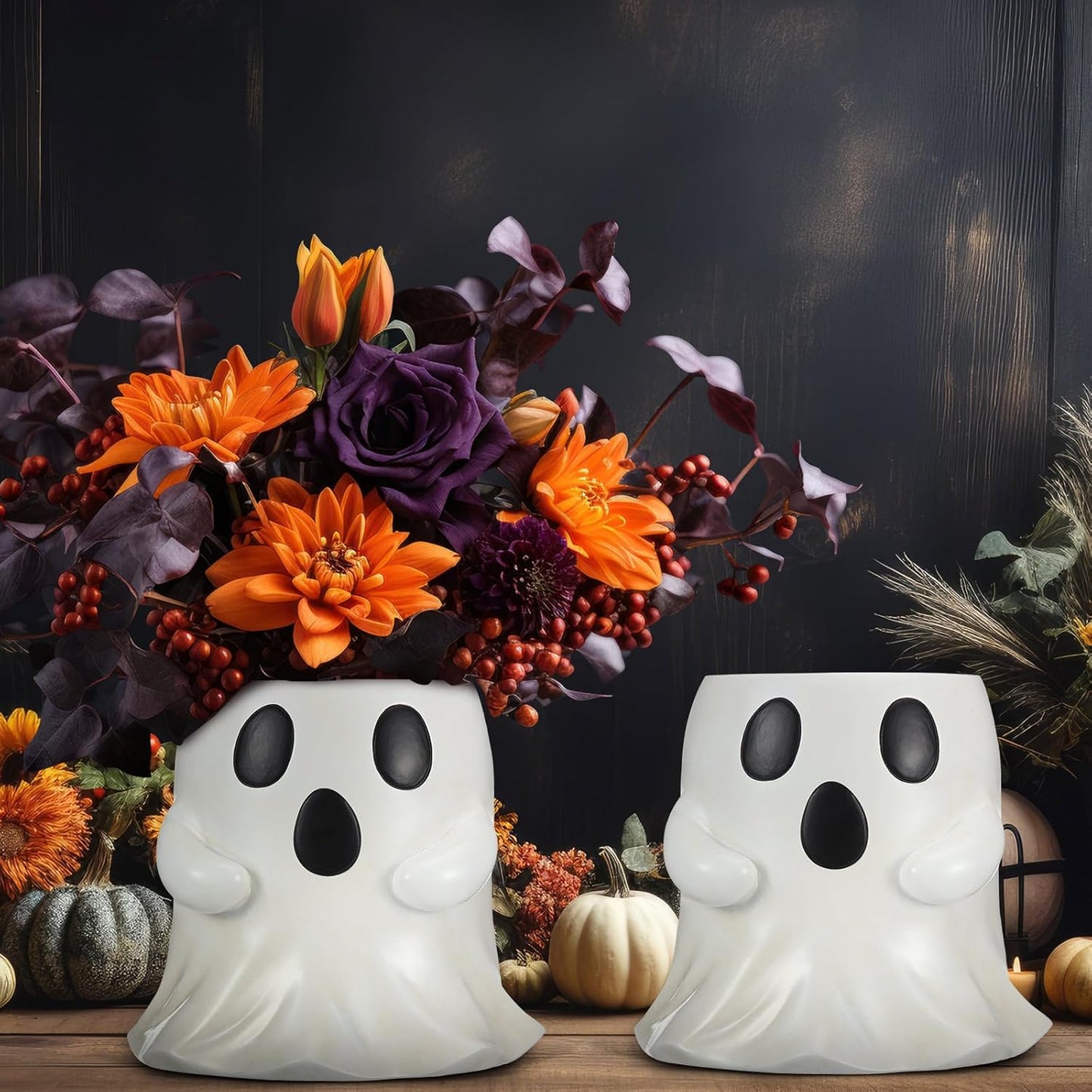 2 Pcs Ghost Bucket Decor 6 Inch Halloween Ghost Planter Vase Decor with Cute Design Candy Bucket Candy Bowl for Halloween Indoor Outdoor Home Display Stand Decoration