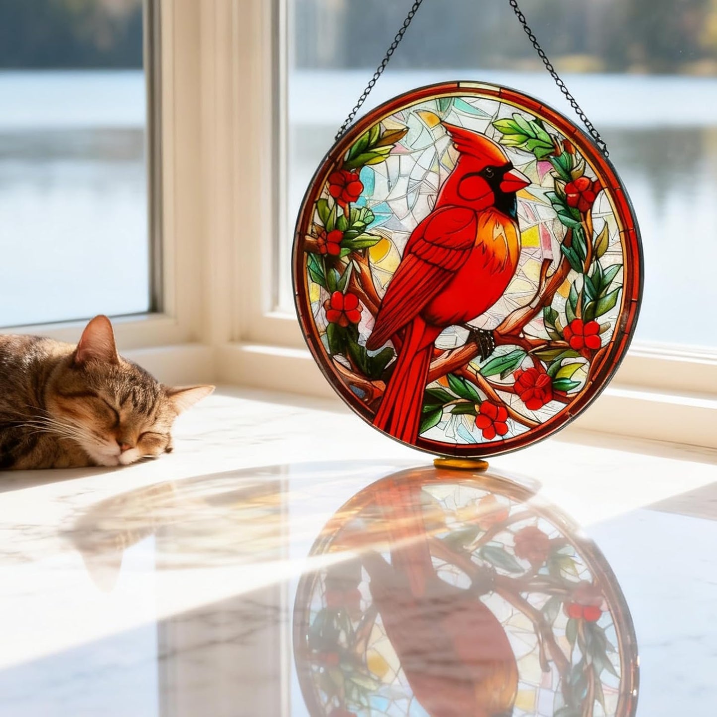 7.87" Cardinal on Branch Stained Glass Window Hanging,Red Bird Memorial Suncatcher,Bird Ornaments，Cardinal Gifts for Women Mom Grandma