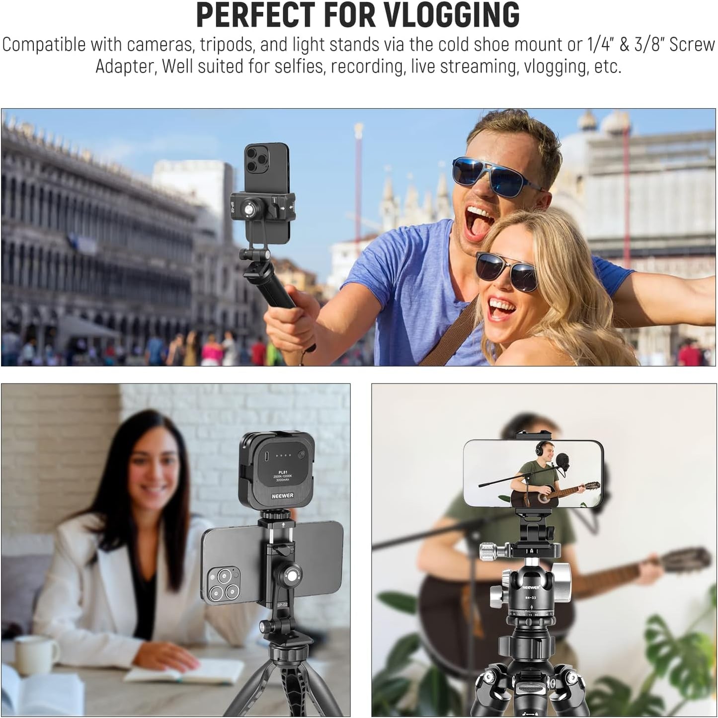 NEEWER Metal Phone Tripod Mount Adapter with Arca QR Base, Cold Shoe, 360° Swivel 180° Tilt, Phone Holder Compatible with iPhone 15 Pro Max Galaxy S24