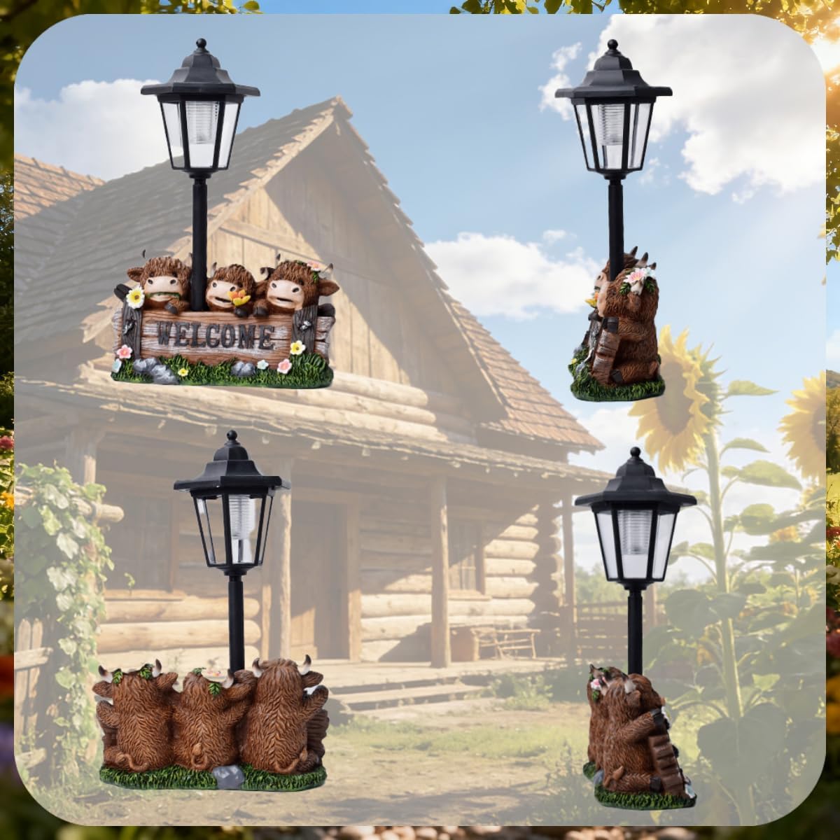 Retro street Highland cow light statue, cute and warm three cows welcome sign decoration, lighting function home decoration item, suitable for placement at the entrance of the courtyard or garden.