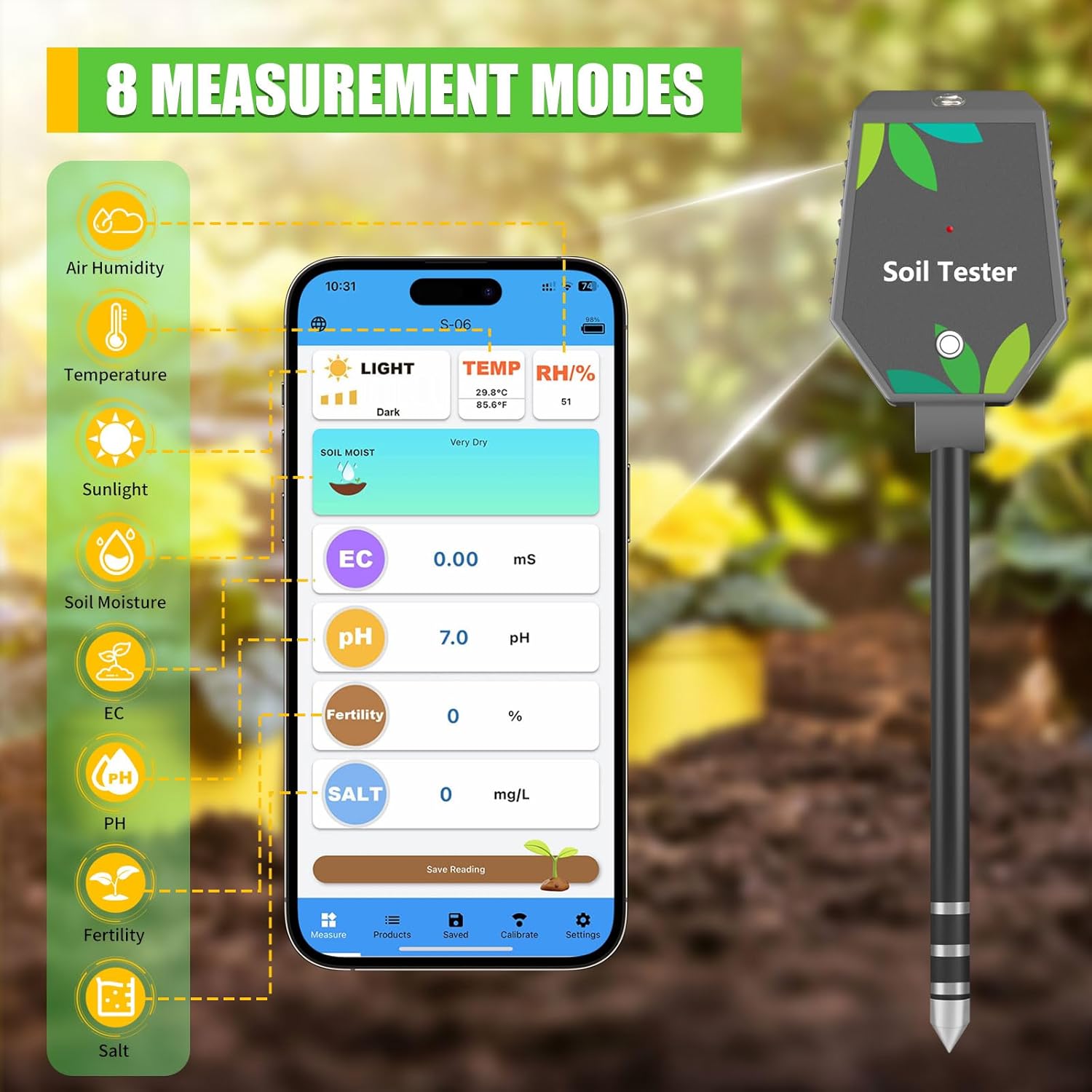 Soil Moisture Meter for Plants, 8-in-1 Soil pH Meter Moisture, Light, 