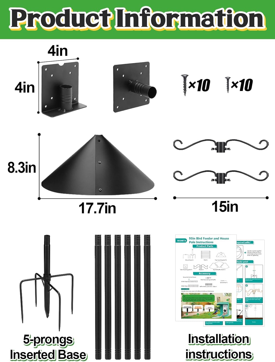 95 Inch Bird Feeder Pole with Squirrel Baffle - Adjustable Height Bird House Feeding Station Stand with Heavy Duty 5-Prong Anchor Shepherds Hook Hanger for Outdoor Garden Birds Watching