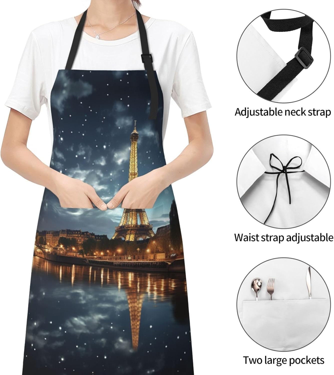 Eiffel tower print Waterproof apron with pocket adjustable cooking apr