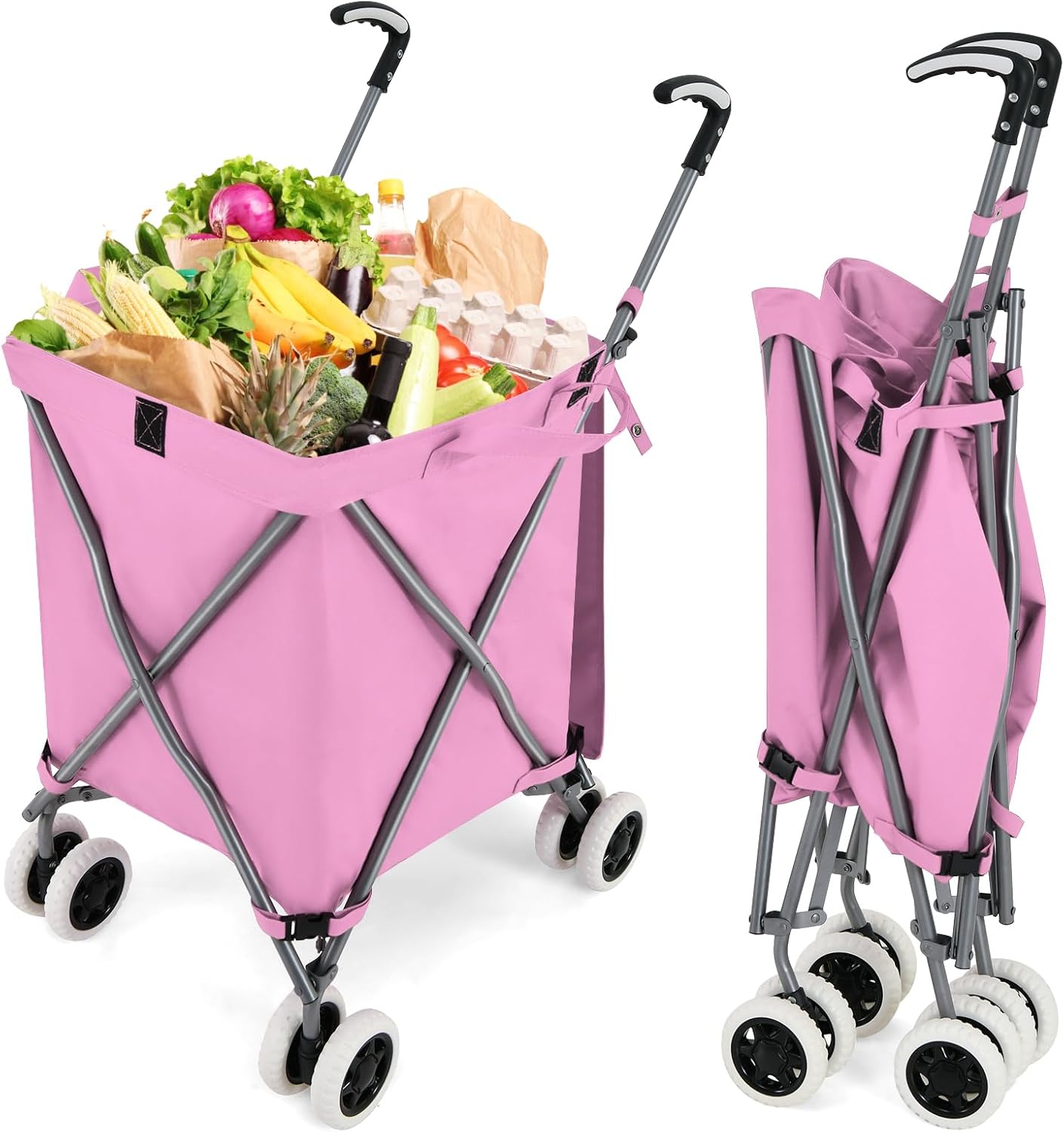 90L Folding Shopping Trolley, 8-Wheel Large Utility Push Cart with Removable Waterproof Bag and Cover, Metal Lightweight Rolling Grocery Trolley for Mobility (Black) (Pink)
