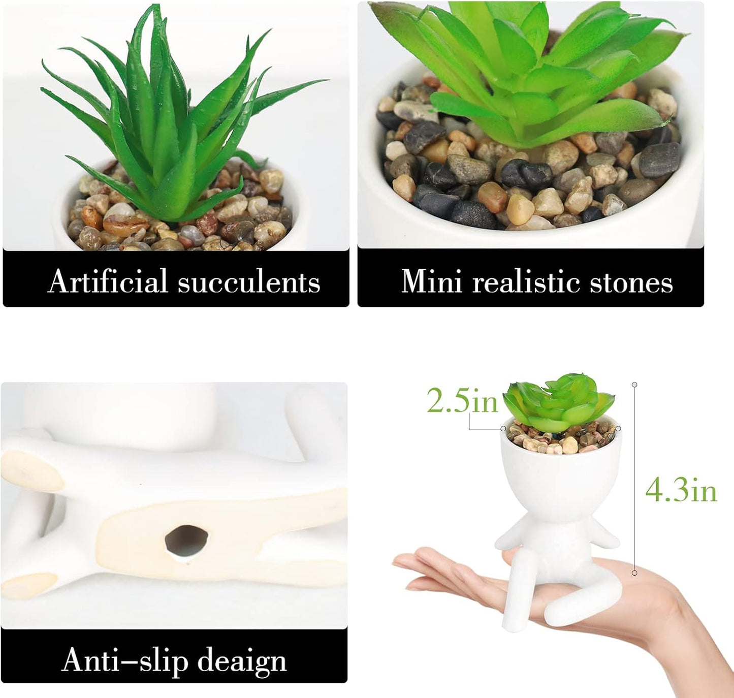 Pack of 4 White Mini Artificial Succulents, Ceramic Humanoid Greenery, Artificial Fake Plants, Bathroom Plants for Bathroom Decoration, Indoor Office, Christmas Decorations