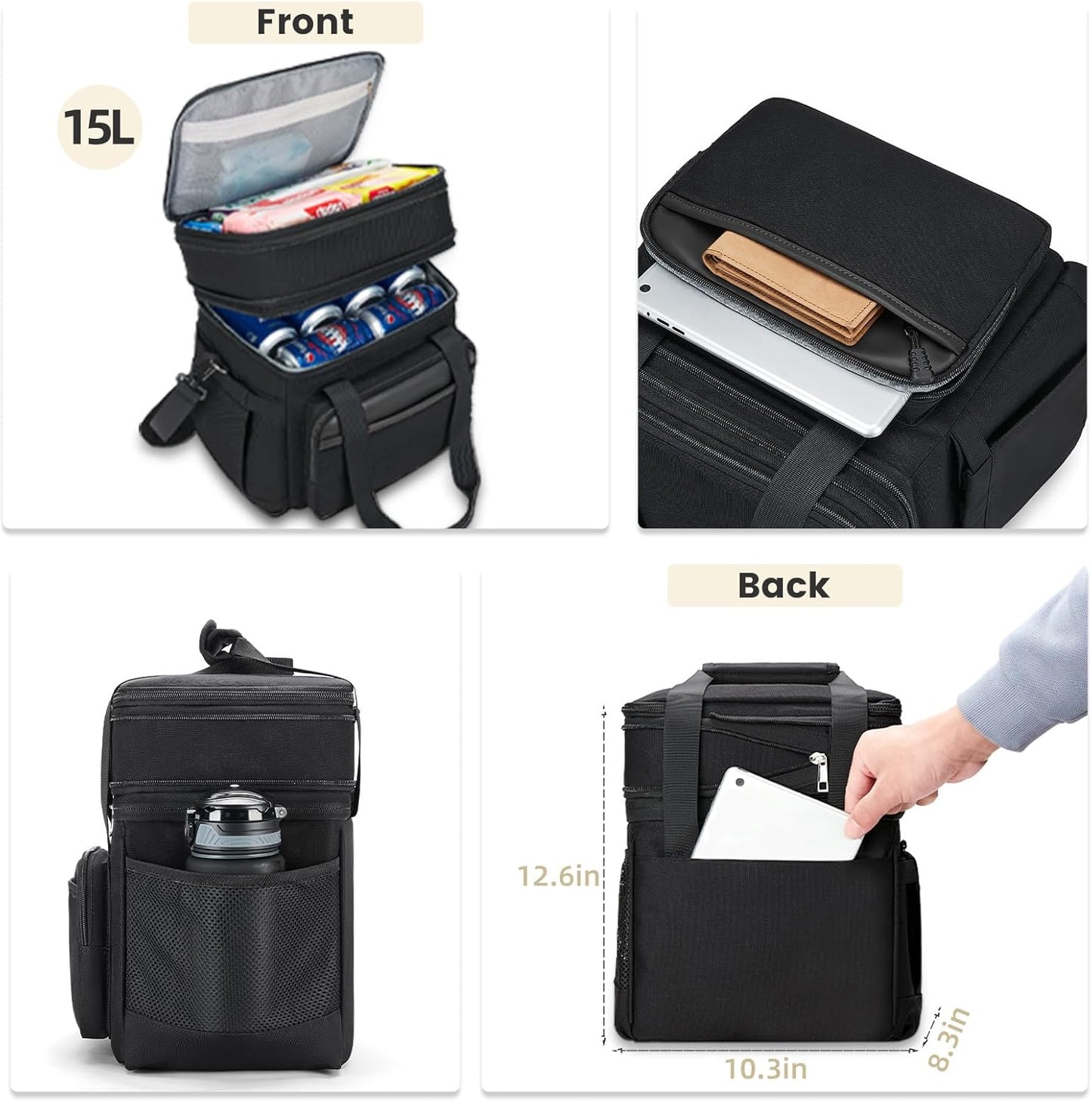 Insulated Lunch Bag & Lunch Box for Men - Double Deck Reusable Lunch Bag for Women Tote Cooler Bag Leakproof Soft Expandable - Large Lunchbox for Work/Adult/Picnic/Outdoor (Black，15L)