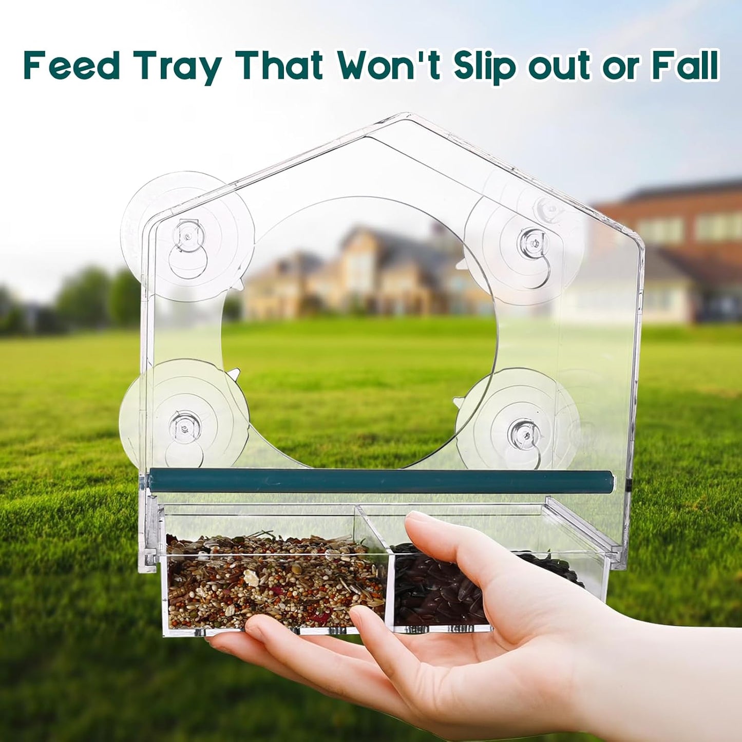 Clear Window Bird Feeder for Outside,Window Bird Feeder with Strong Suction Cups,Clear Window feeders for Viewing, Removable Tray and Large Seed Capacity,Easy-to-Clean