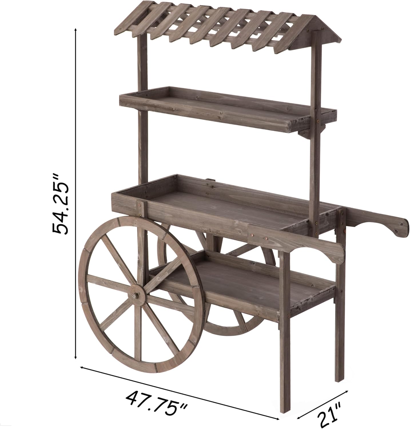 Antique Rustic Solid Wood Decor Display Rack Cart Wood Plant Stand 3 Tier with Wheels for Display, Wood Wagon with Shelves for Plants and More