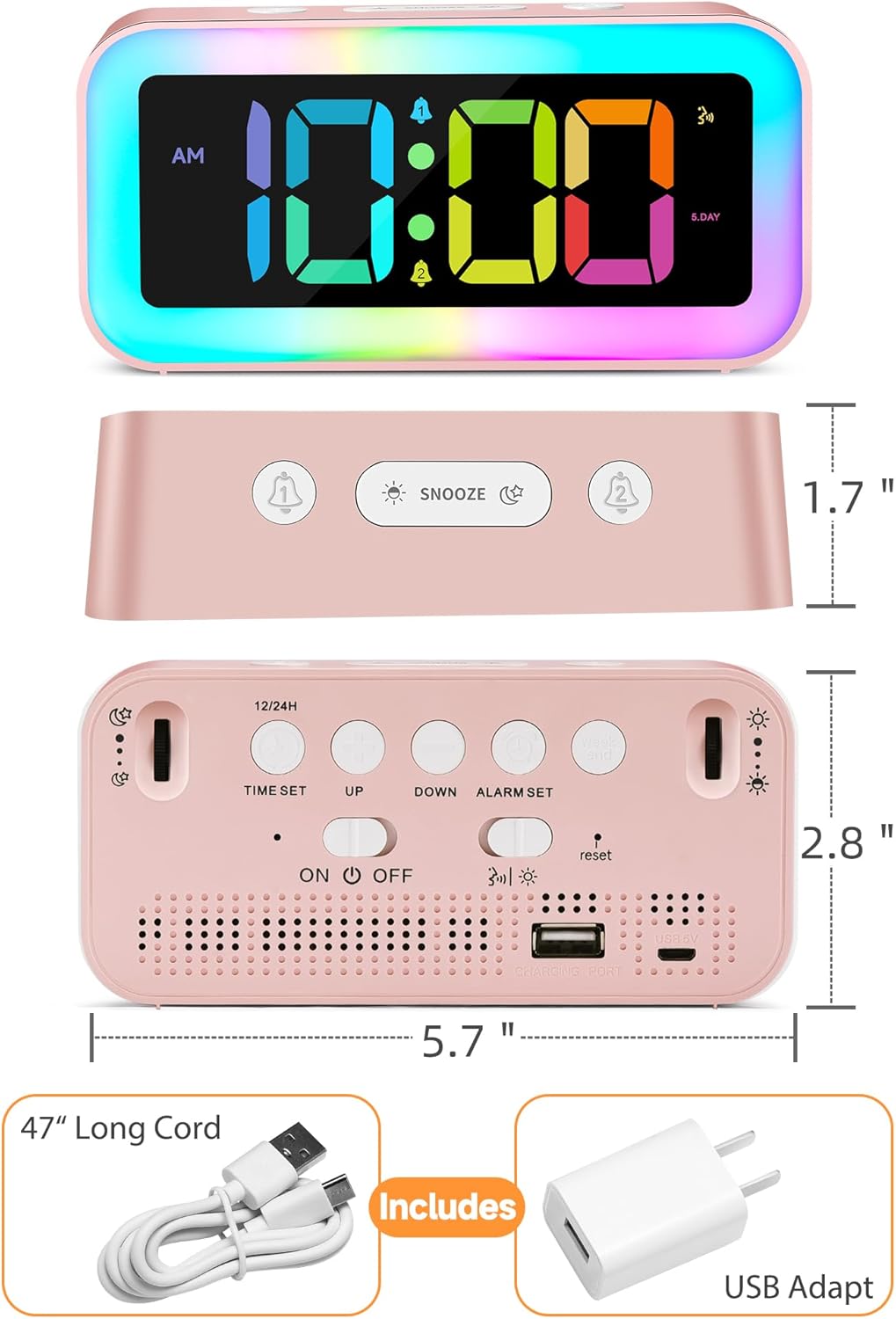 Cadmos Cute Pink Loud Alarm Clock with RGB Night Light - Perfect for Girls Room Decor and Kawaii Gifts, Small Size for Bedside or Desk Lamp in Bedrooms, Ideal for Kids, Teens (Light Pink)