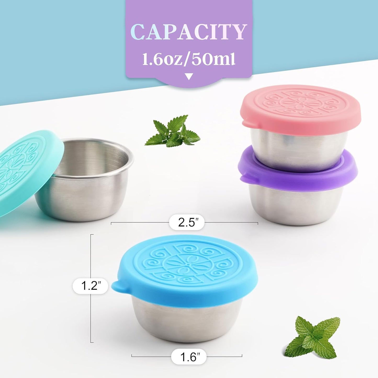 뚜껑이 있는 3.7g(1.6온스) 샐러드 드레싱 용기 6개, 작은 누출 방지 재사용 가능한 스테인리스 스틸 샐러드 드레싱 용기, 도시락, 소스 용기, 피크닉, 여행 식사 준비 및 주방 보관용
