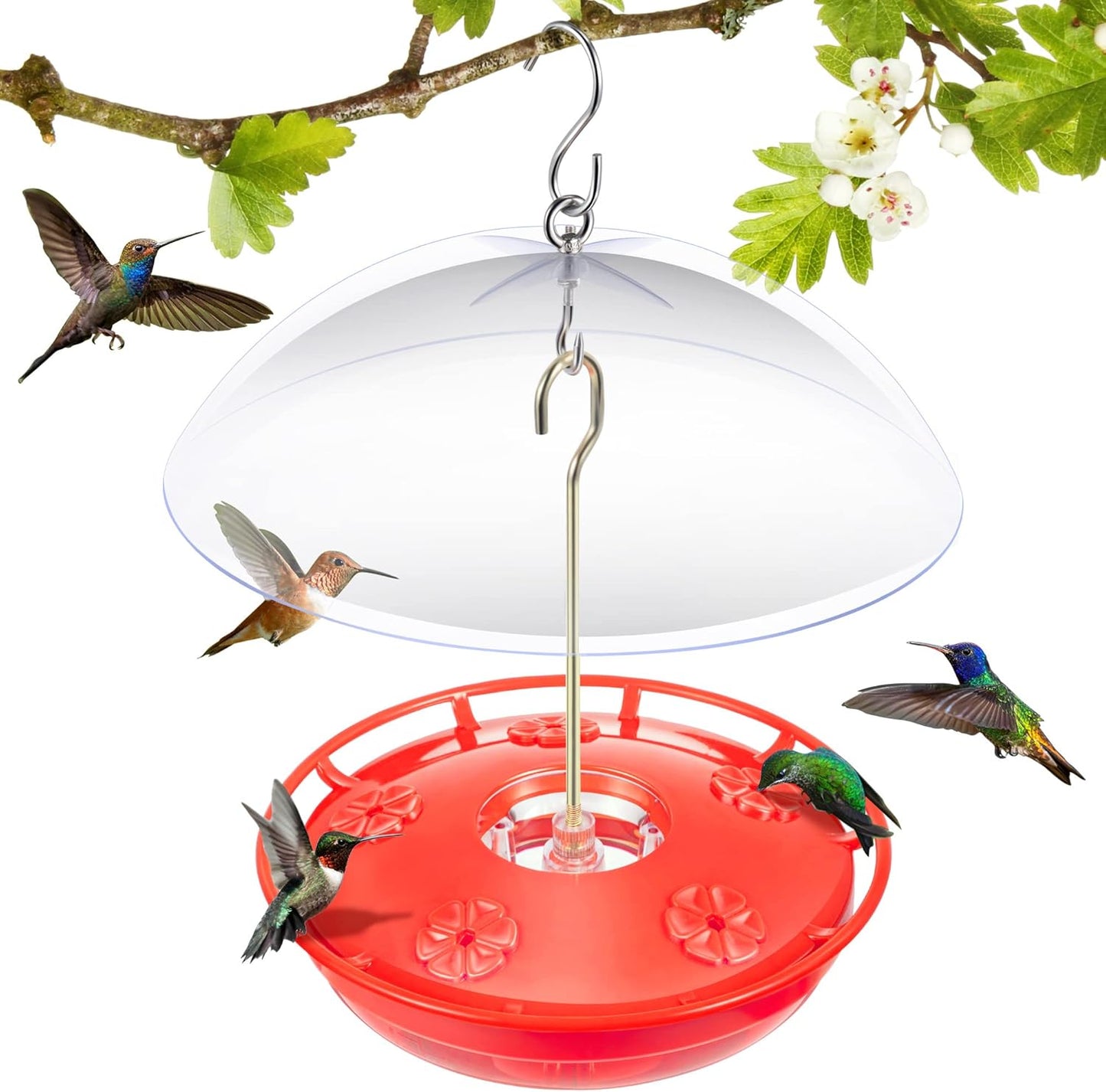 15.5 OZ Hanging Hummingbird Feeders for Outdoors with Rain Guard, Leak Proof Saucer Humming Bird Feeders with Ant Moat, 5 Flower Feeding Ports and Cleaning Brush for Garden Yard Patio (1 Pack)