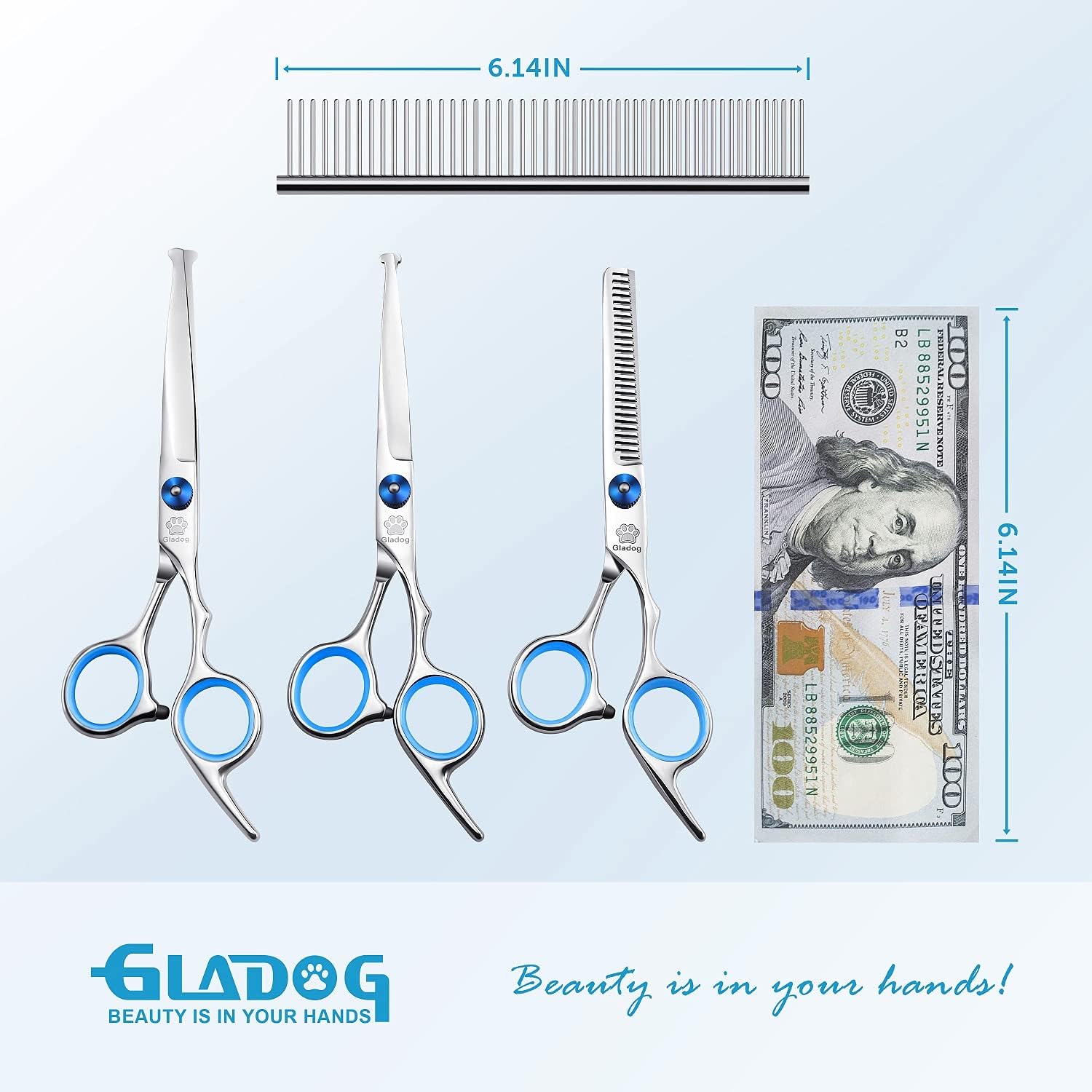 GLADOG Professional 5 in 1 Dog Grooming Scissors Set with Safety Round