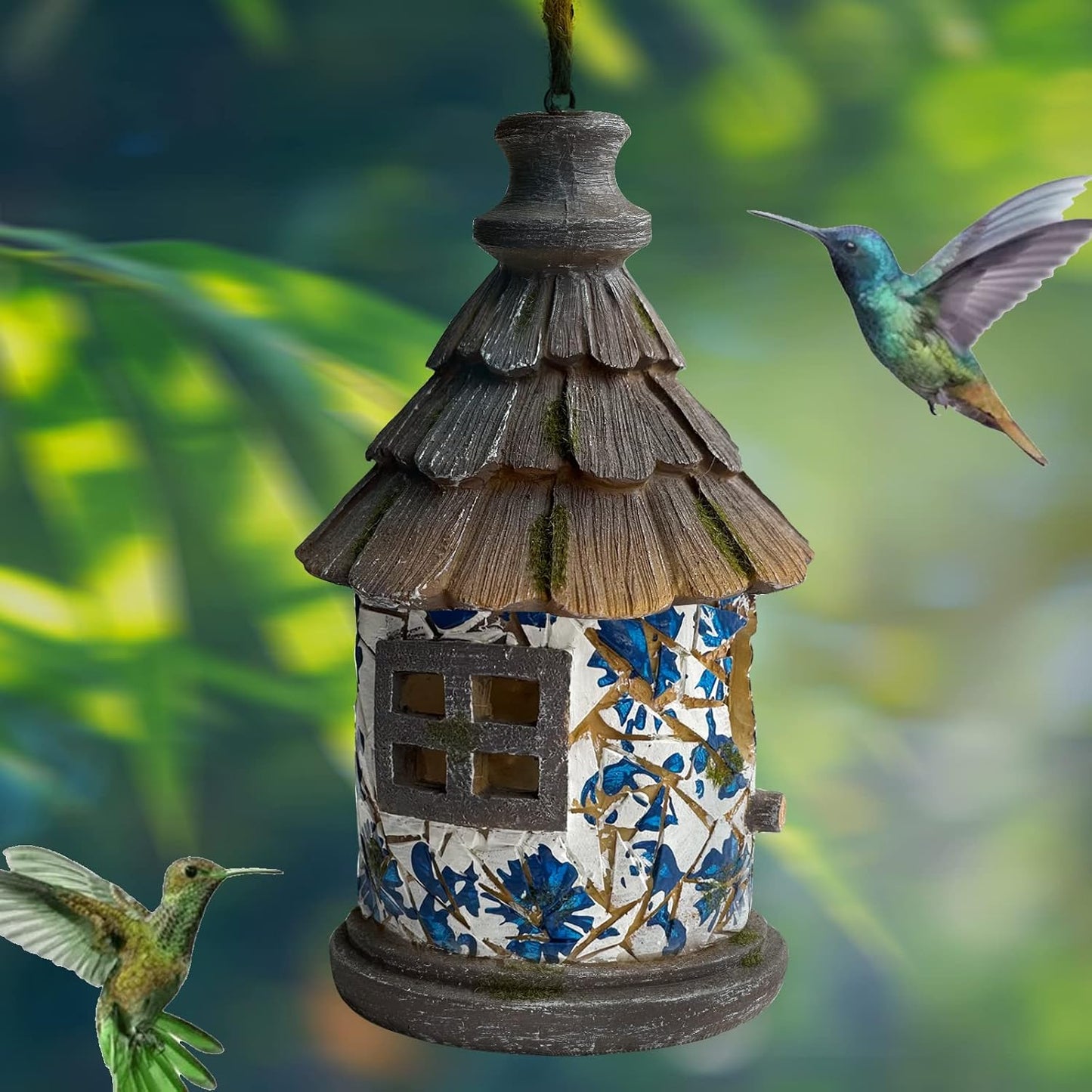 Bird House for Outdoor with Pole Garden Decor Hanging Birdhouses Weatherproof BirdNest for Outside Bluebird, Finch, Wren, Chickadee, Wild Birds Big Size Resin White Bule